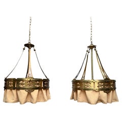 Rare Pair of Dutch Arts & Crafts Hand-Crafted Brass Pendant Lights w Warm Patina