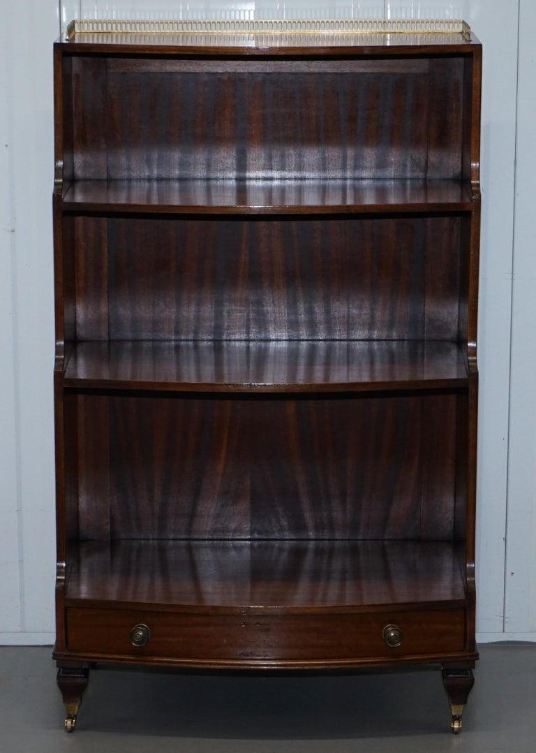 Rare Pair of Dwarf Waterfall Open Bookcases Brass Gallery Rails Castors Drawers For Sale 3