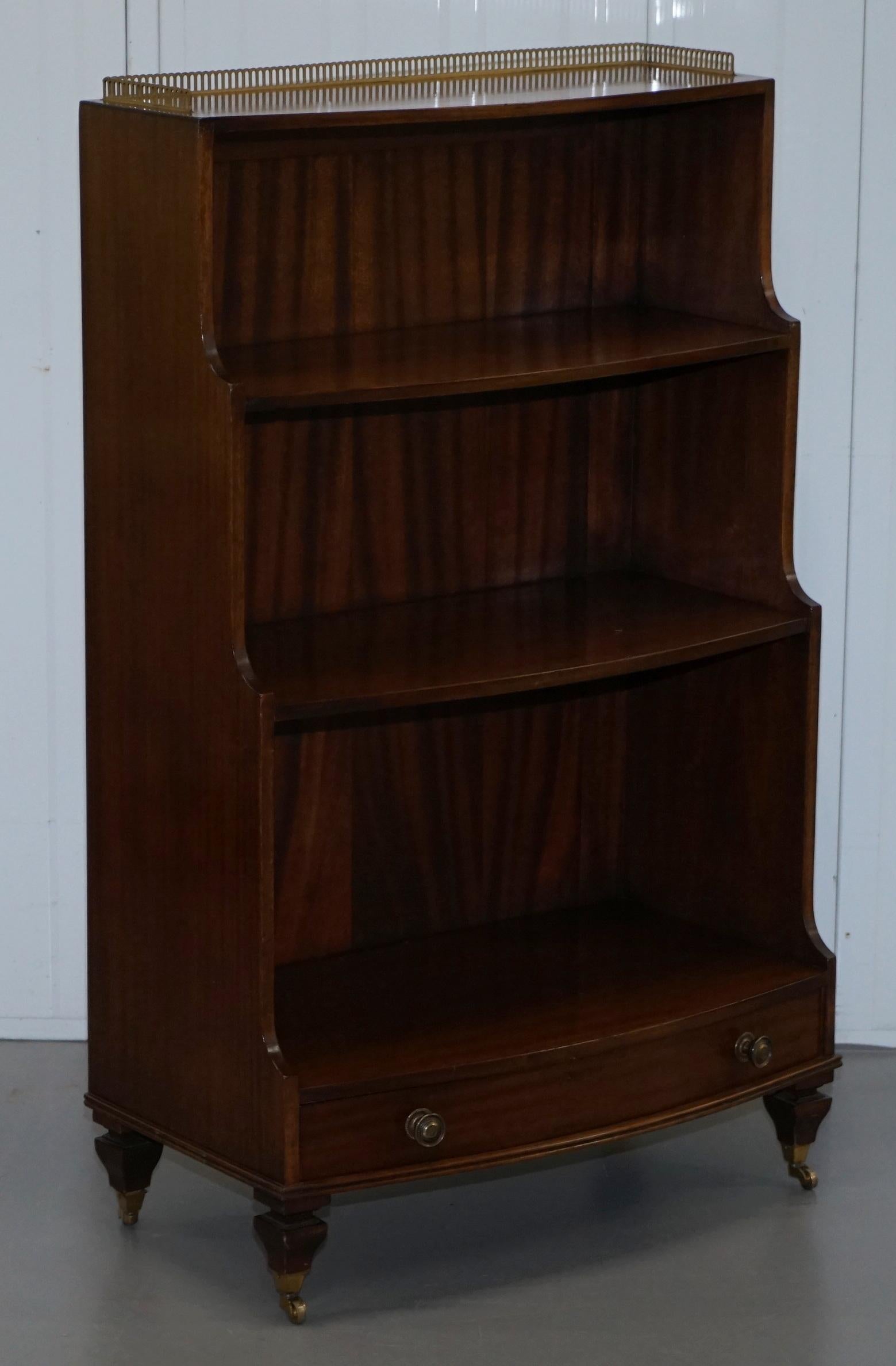 Rare Pair of Dwarf Waterfall Open Bookcases Brass Gallery Rails Castors Drawers For Sale 5