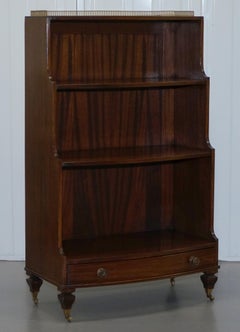 Rare Pair of Dwarf Waterfall Open Bookcases Brass Gallery Rails Castors Drawers