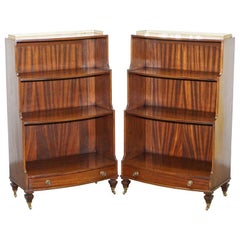 Rare Pair of Dwarf Waterfall Open Bookcases Brass Gallery Rails Castors Drawers