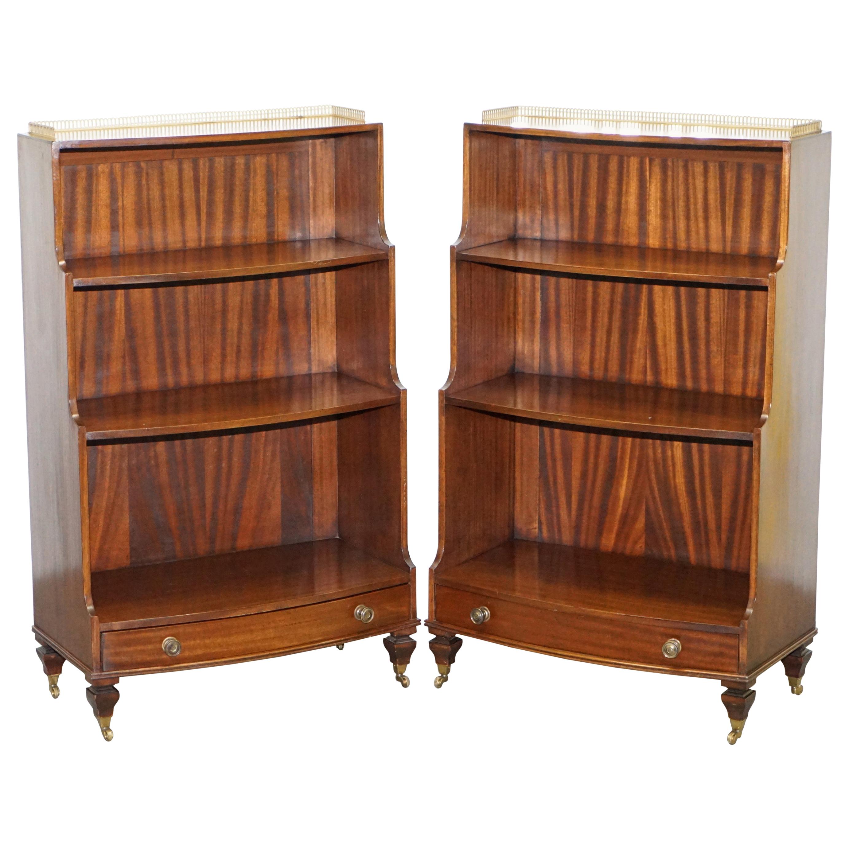 Rare Pair of Dwarf Waterfall Open Bookcases Brass Gallery Rails Castors Drawers For Sale