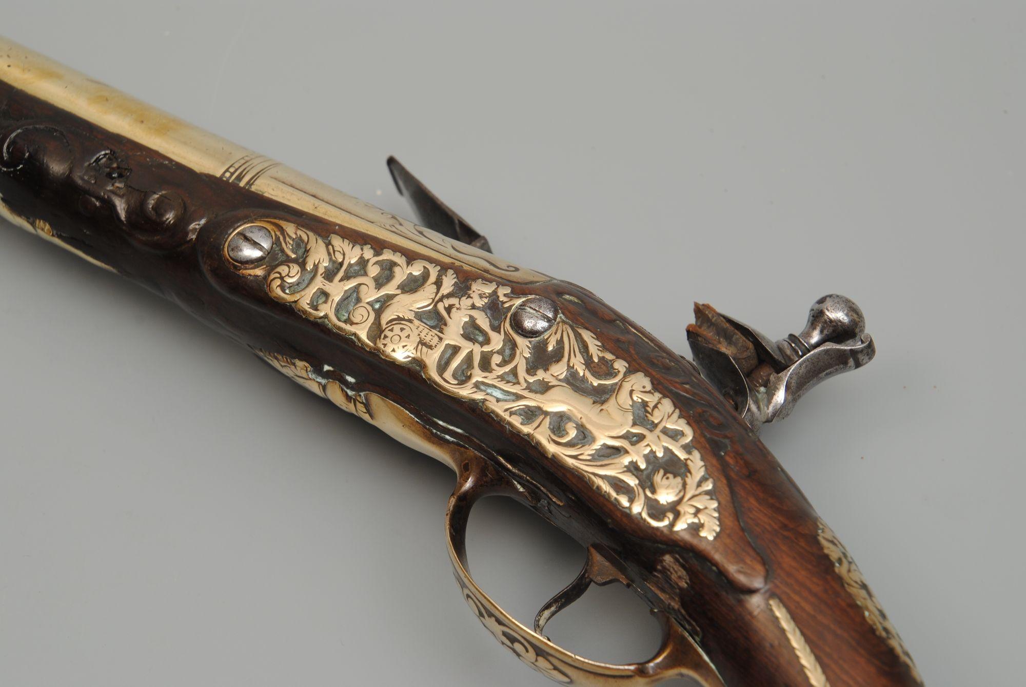 Brass Rare Pair of Early 18TH Century Dutch Holster Flintlock Pistols