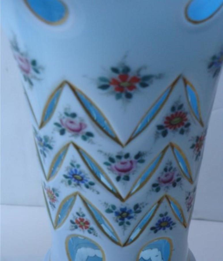 The Following Item we are offering is a Rare Pair of Large Estate Bohemian Blue and White Moser Bouquet Centerpiece Vase. Handpainted with Floral Detail. Circa 1900's. Taken from a Private Martha's Vineyard Estate!!!  A Pair of Gorgeous