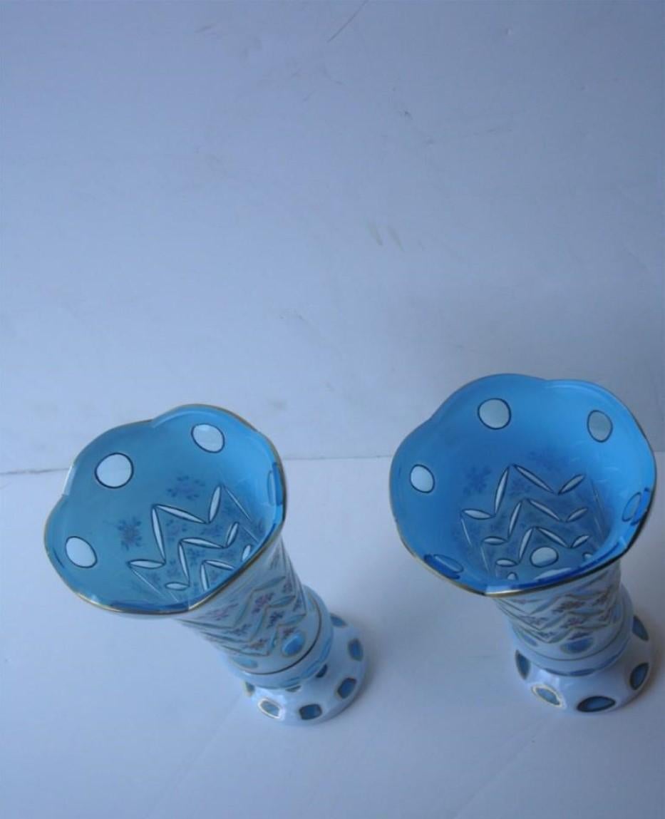 Rare Pair of Early 1900s Blue and White Handpainted Moser Flower Bouquet Vases In Good Condition In New York, NY