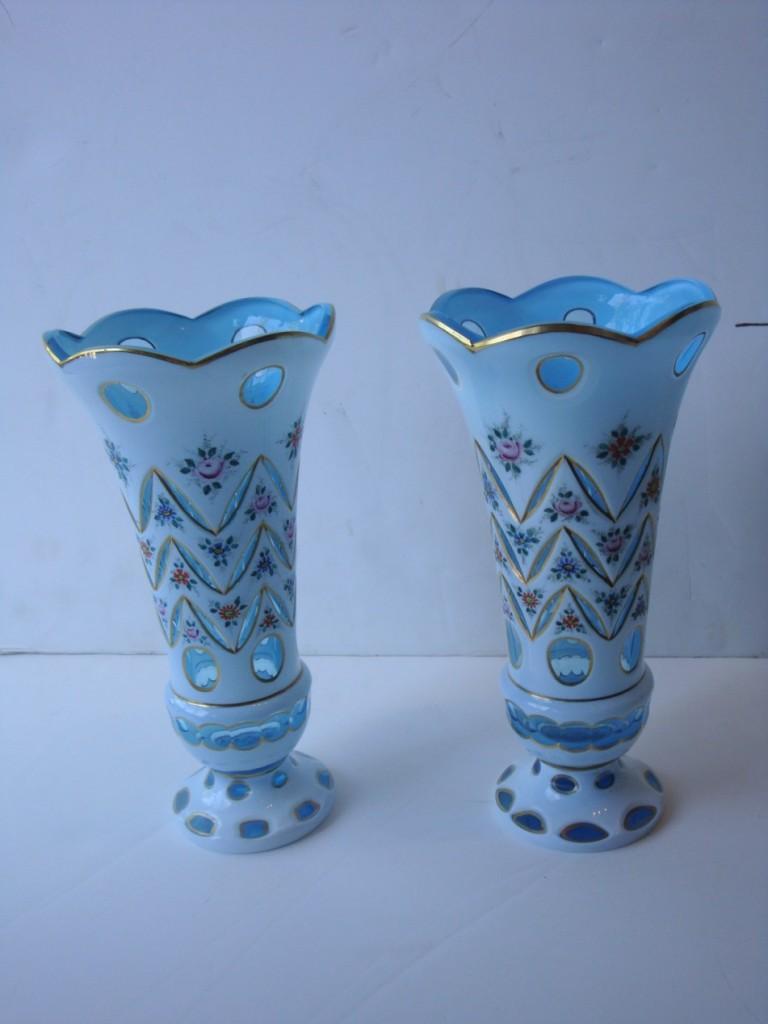 Women's or Men's Rare Pair of Early 1900s Blue and White Handpainted Moser Flower Bouquet Vases