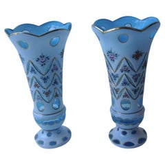Rare Pair of Early 1900s Blue and White Handpainted Moser Flower Bouquet Vases