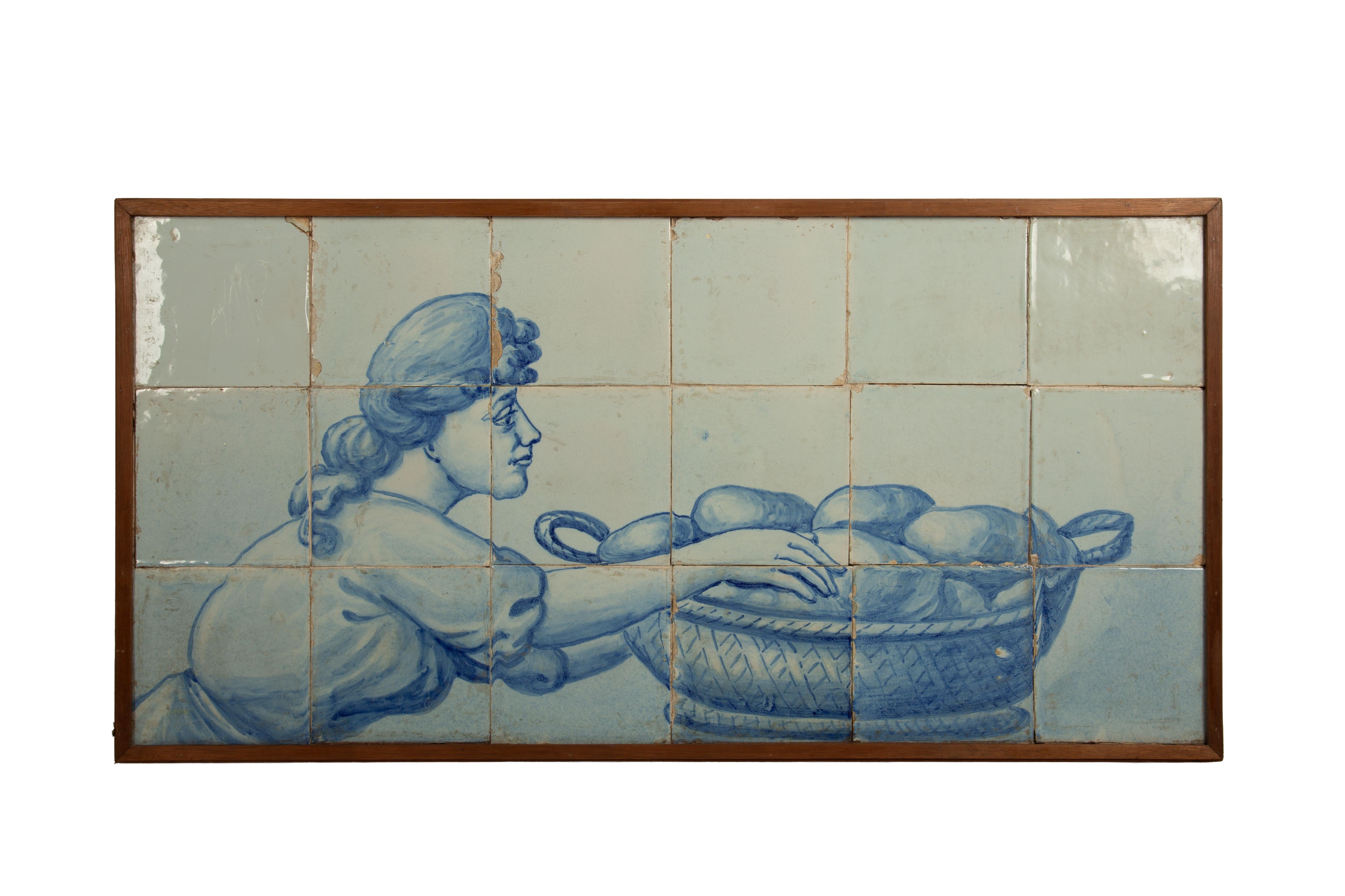Portugais Rare paire de panneaux Azulejo portugais peints à la main au début du 19e siècle - Scènes de boulangerie en vente