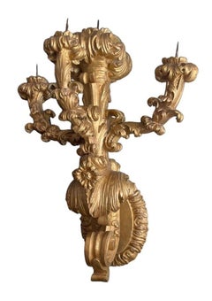 Rare Pair of Early 19th Century Italian Baroque Style Giltwood Wall Candelabras