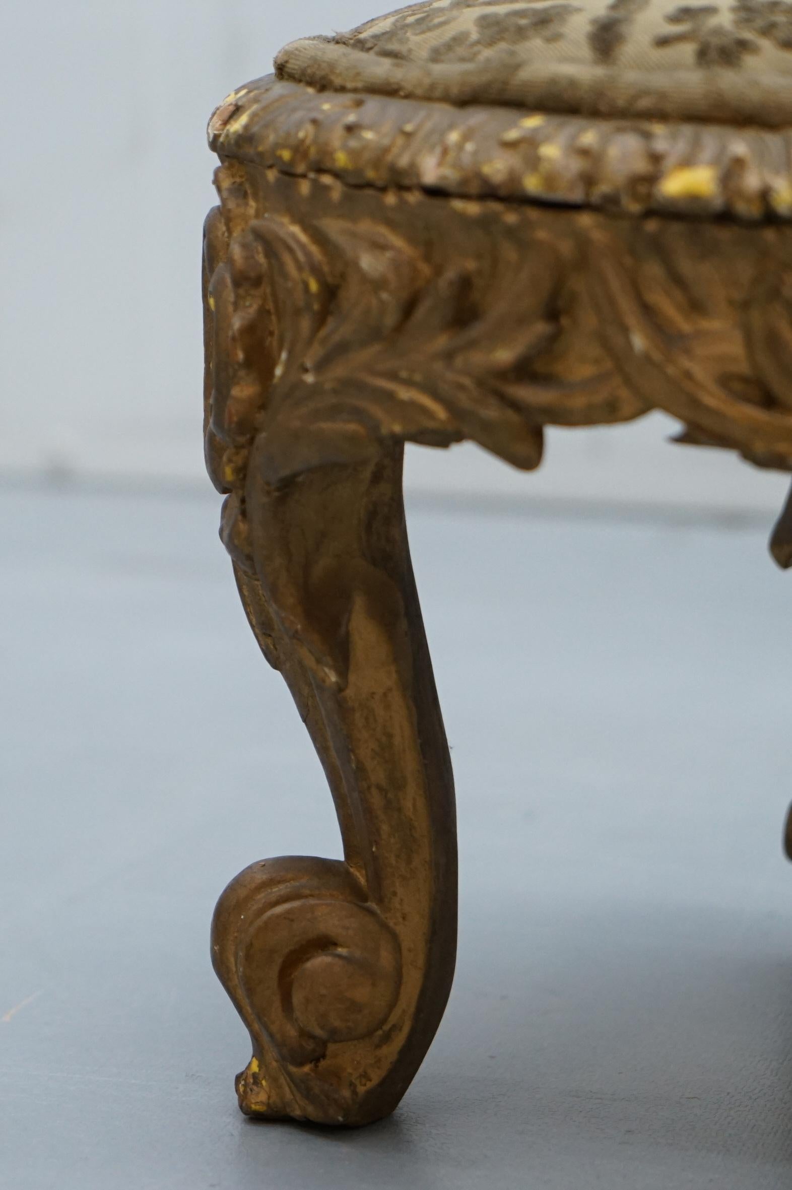 Rare Pair of Early 19th Century Italian Giltwood Stools Hand-Carved Solid Timber 12