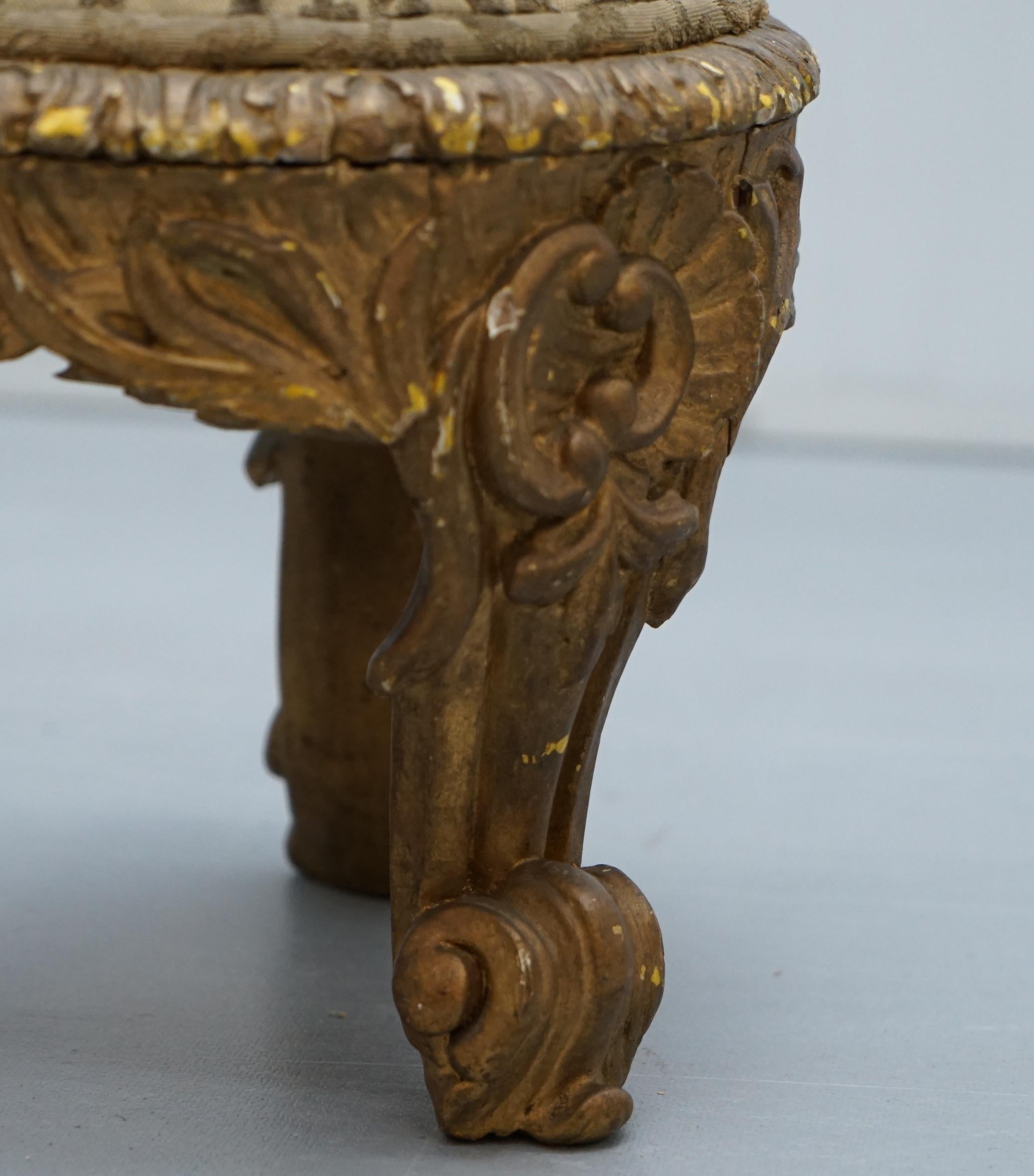 Rare Pair of Early 19th Century Italian Giltwood Stools Hand-Carved Solid Timber 13