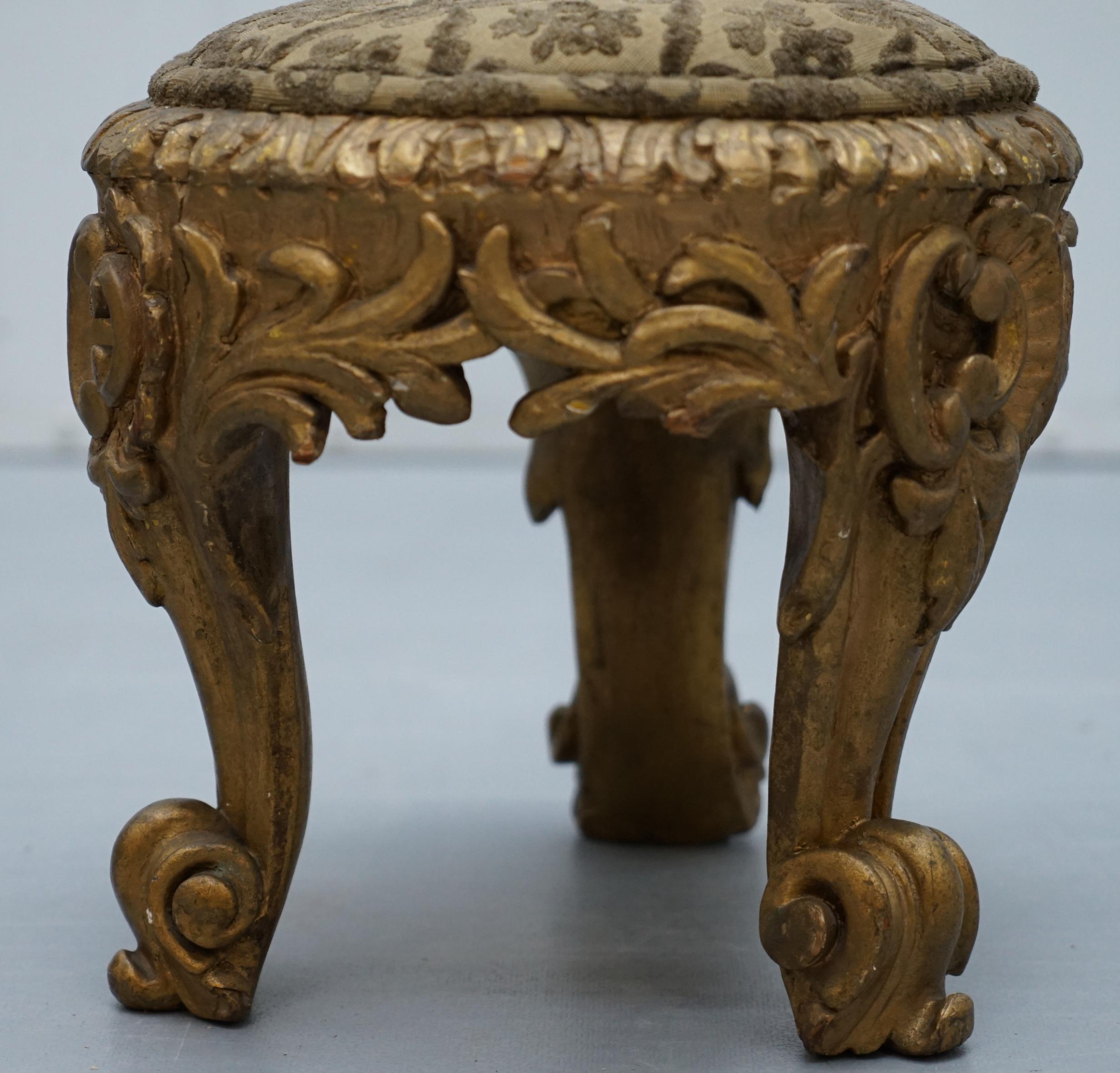 Rare Pair of Early 19th Century Italian Giltwood Stools Hand-Carved Solid Timber 2