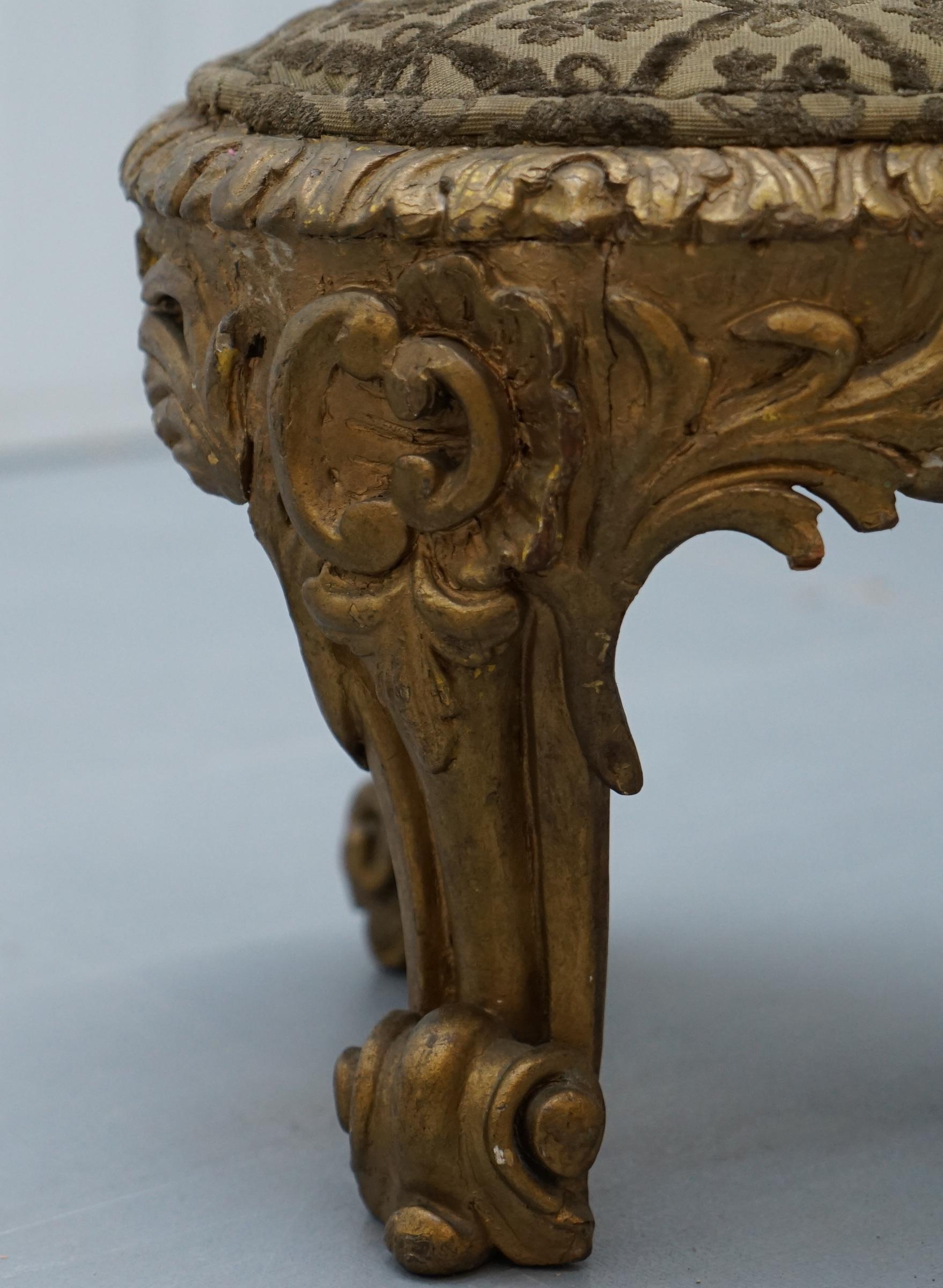 Rare Pair of Early 19th Century Italian Giltwood Stools Hand-Carved Solid Timber 3