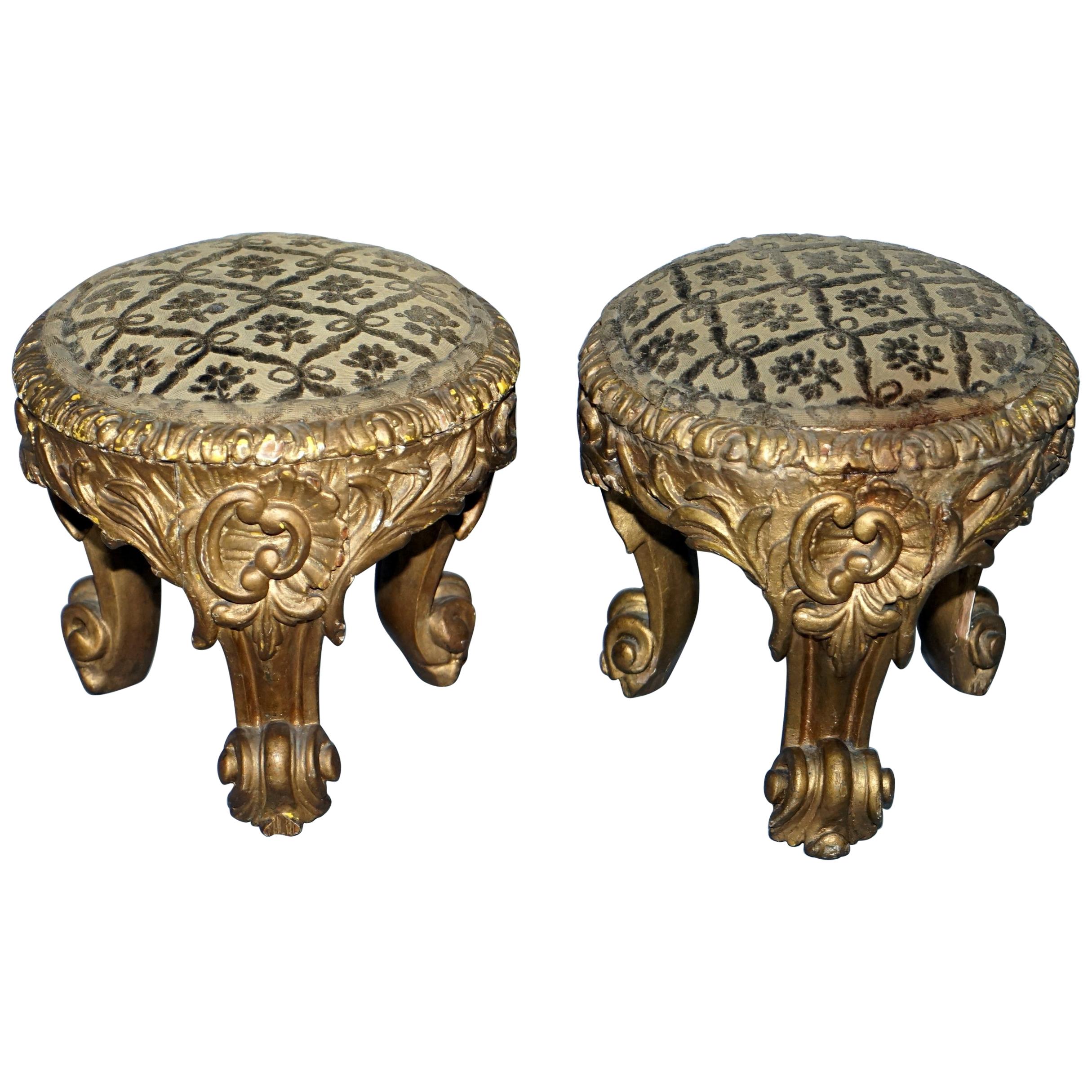 Rare Pair of Early 19th Century Italian Giltwood Stools Hand-Carved Solid Timber