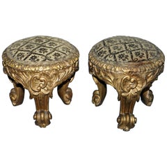 Rare Pair of Early 19th Century Italian Giltwood Stools Hand-Carved Solid Timber
