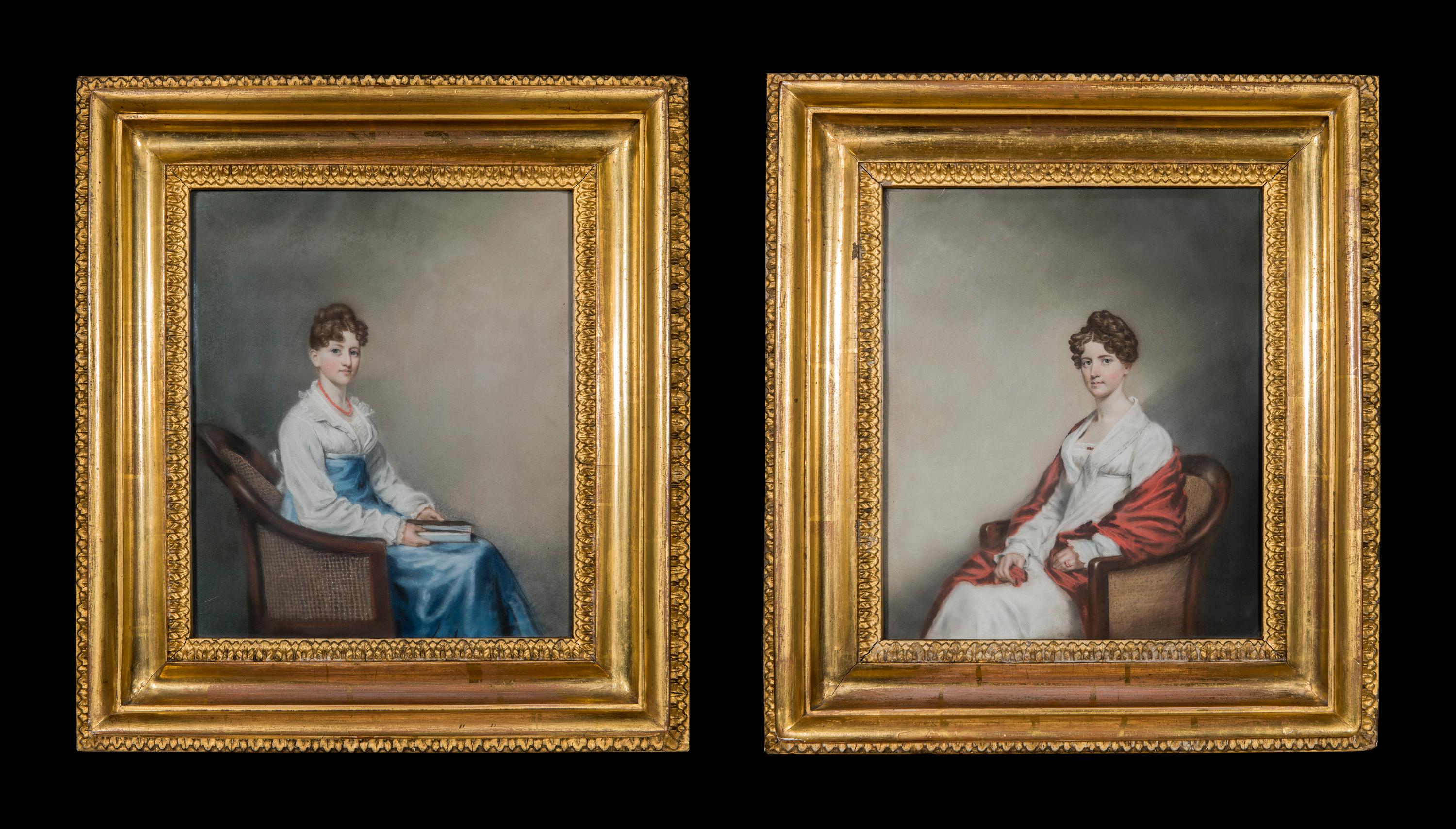 The portraits are by a unknown artist and the sitters are presumably sisters or certainly related to each other and sit in Regency mahogany bergere chairs. The portraits are framed in the original giltwood frames.