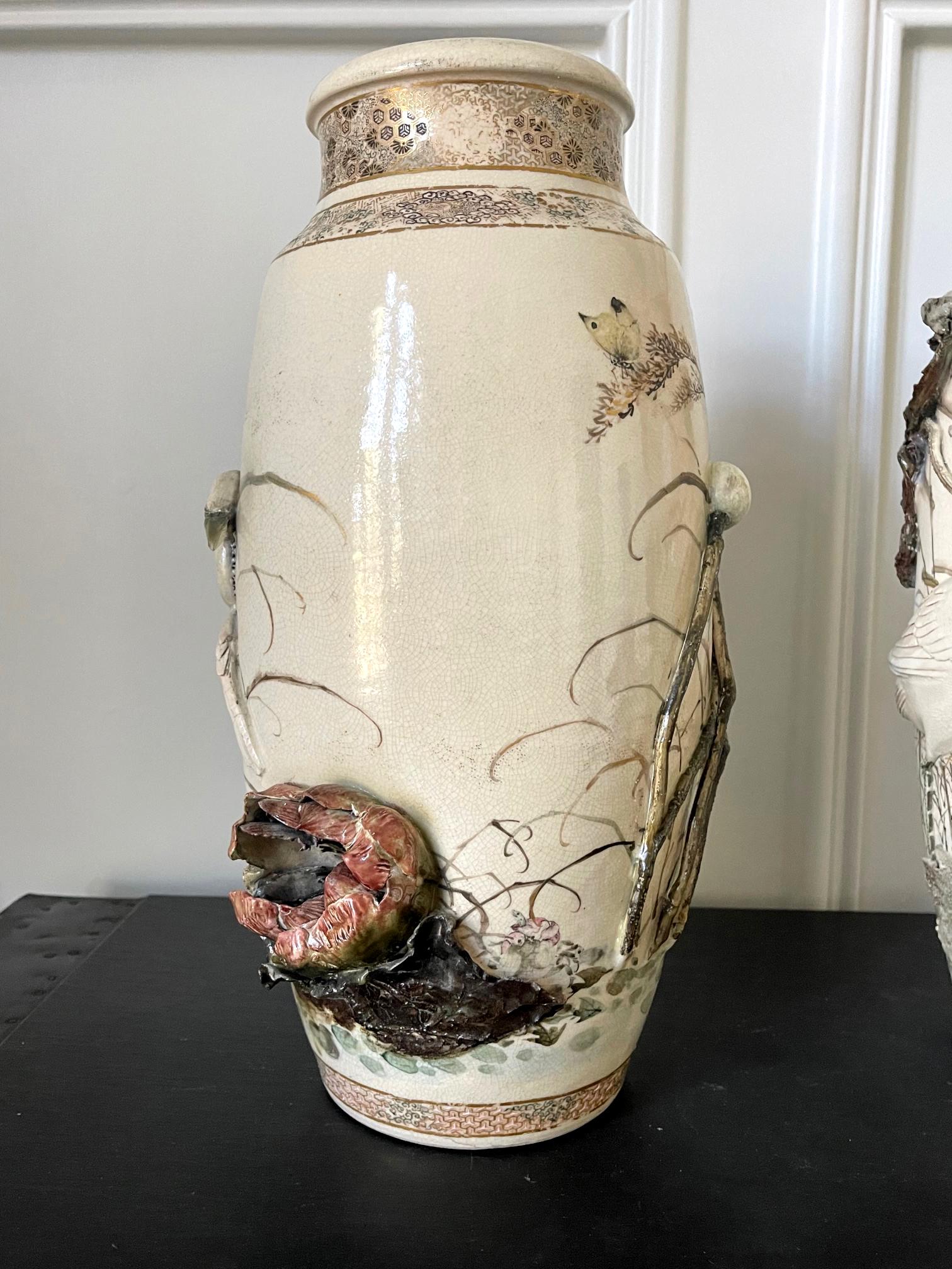 Rare Pair of Early Period Makuzu Kozan Takauki High-Relief Vases For Sale 4