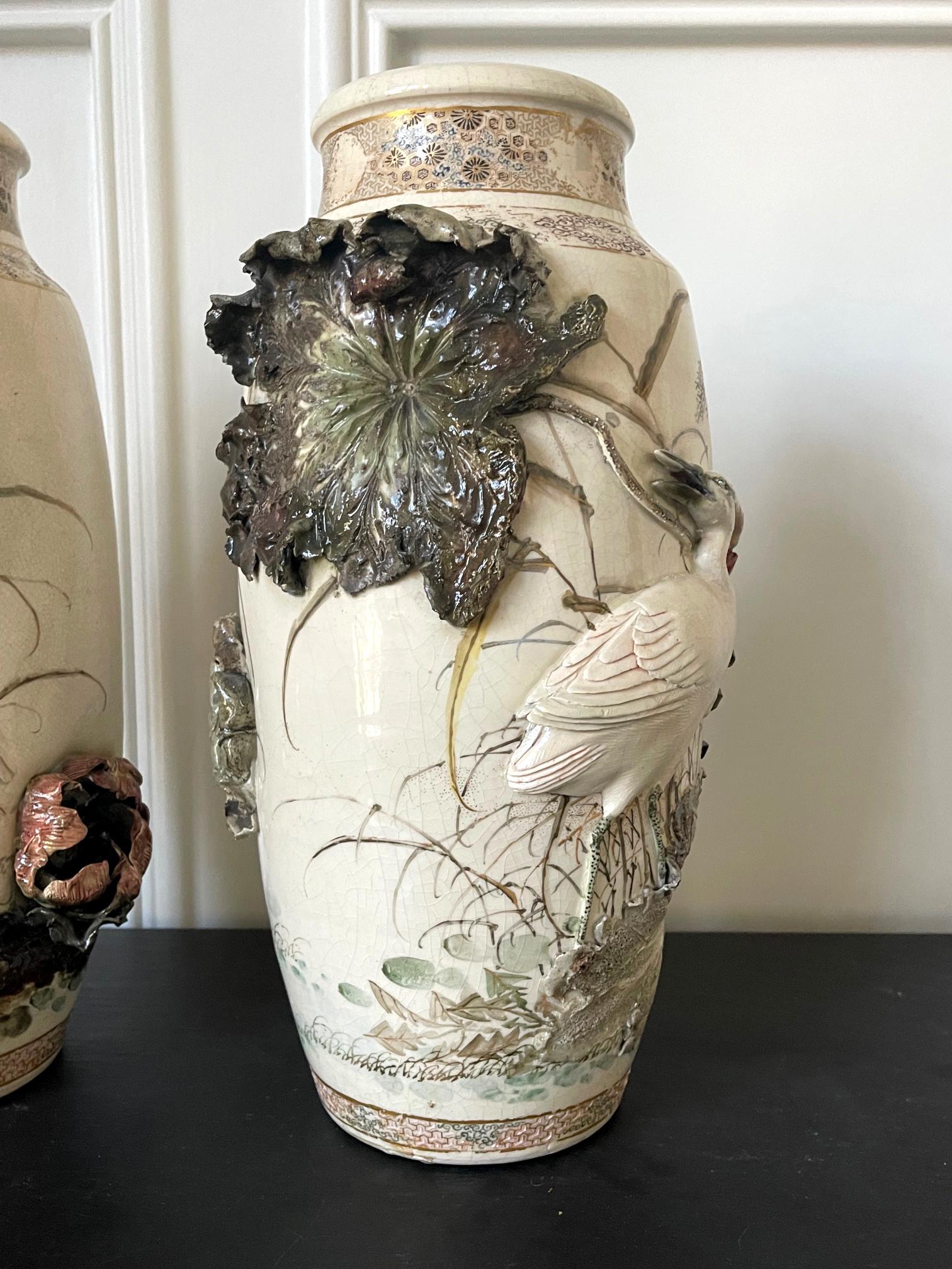 Ceramic Rare Pair of Early Period Makuzu Kozan Takauki High-Relief Vases For Sale