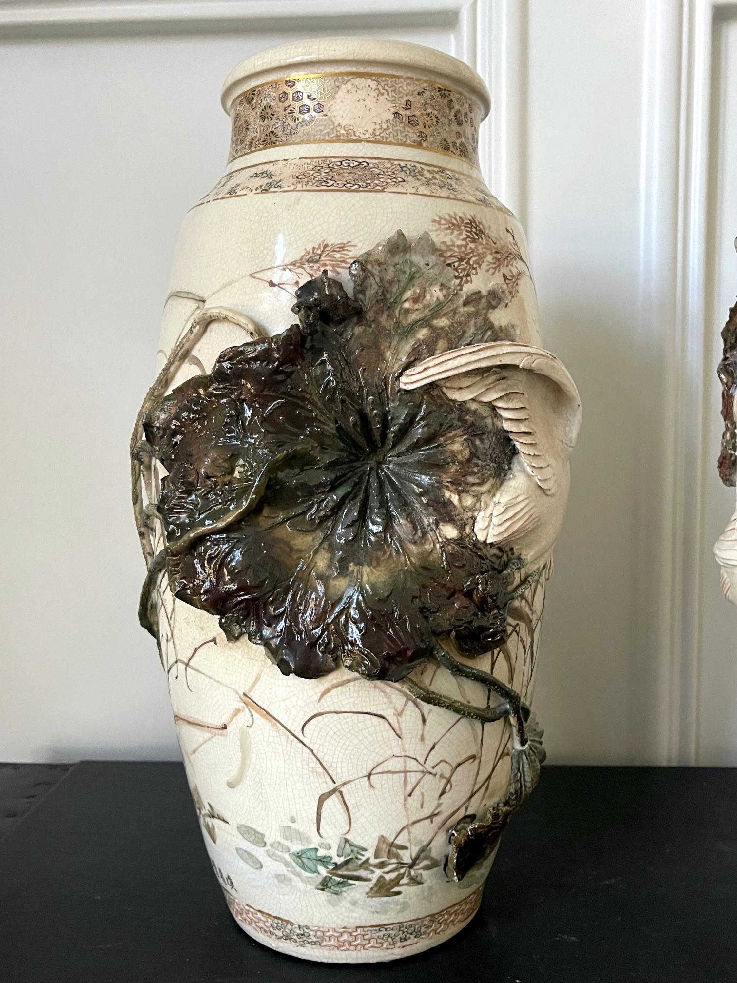 Rare Pair of Early Period Makuzu Kozan Takauki High-Relief Vases For Sale 2