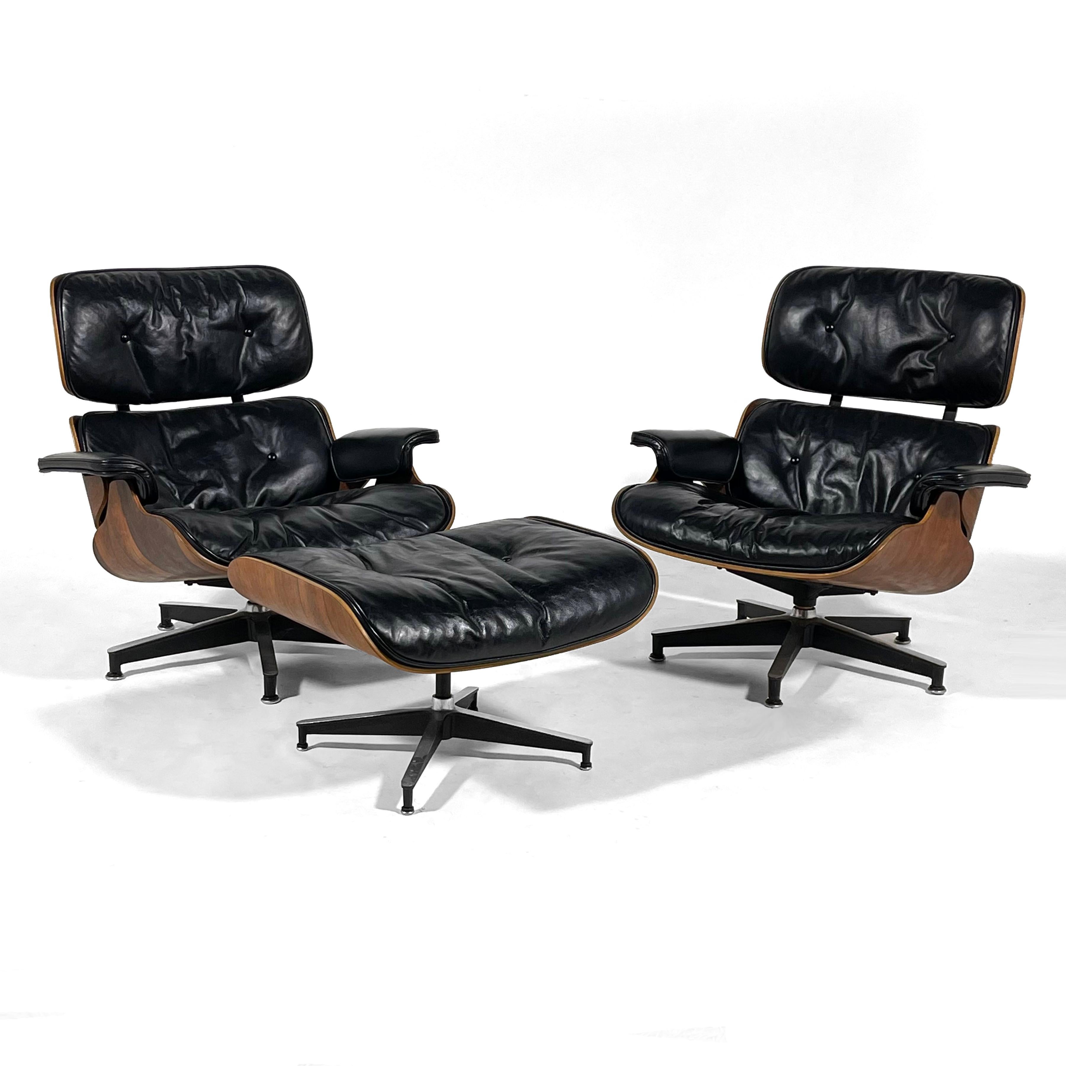 Here is a rare opportunity to own two early examples of the iconic design by Charles and Ray Eames, these 670 lounge chairs and matching 671 ottoman have been together since they were new in 1959. They represent the transition from first to second