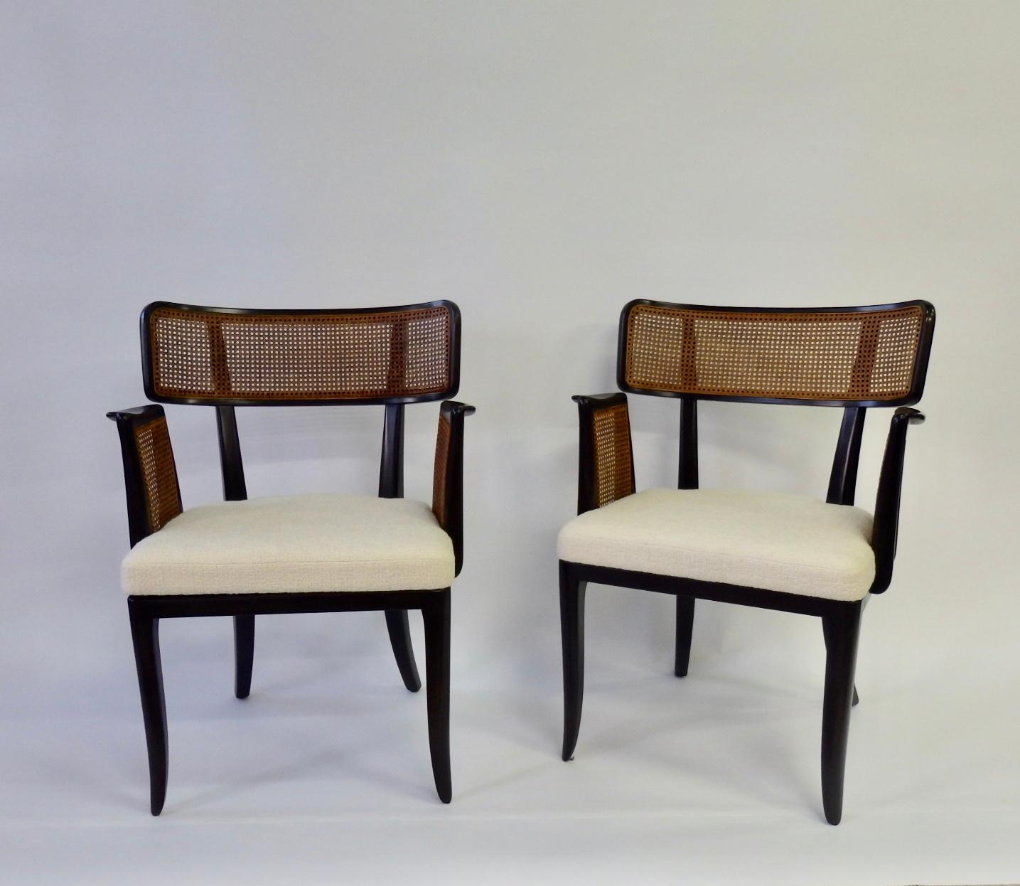 Nicely restored Edward Wormley for Dunbar side chairs. Caned backrest and caned arms. Frames nicely refinished and seat re upholstered in white bouclé textile.