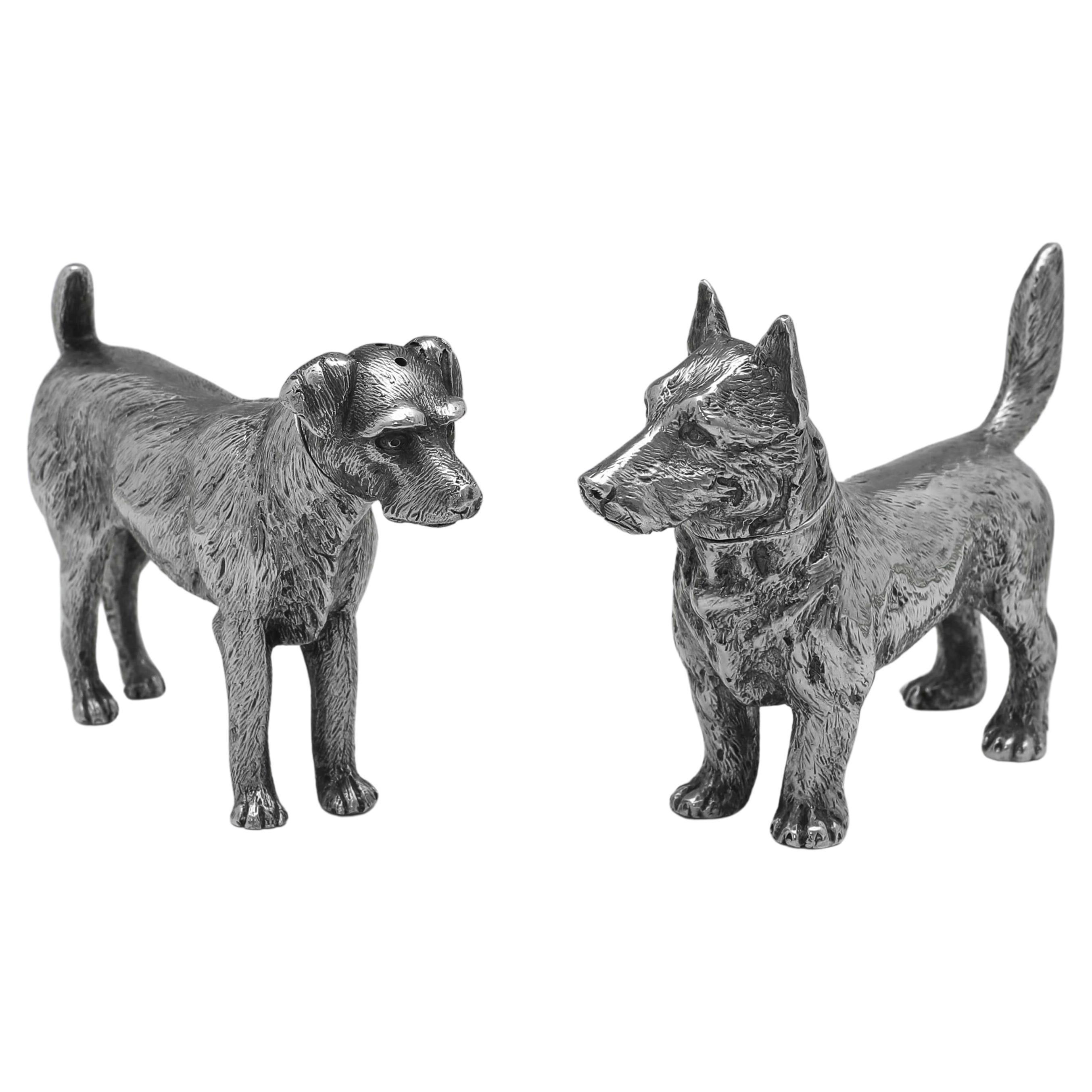 Rare Pair of Edwardian Sterling Silver Dog Pepper Pots - Terrier Models - 1904 For Sale