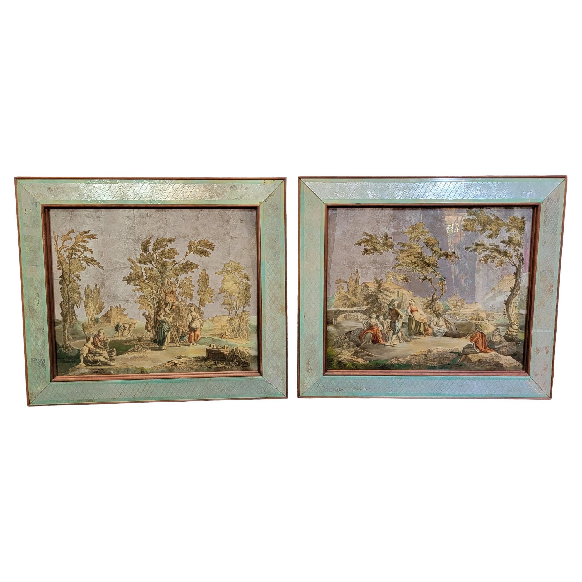 Rare Pair of Eglomise Reverse Glass Paintings For Sale