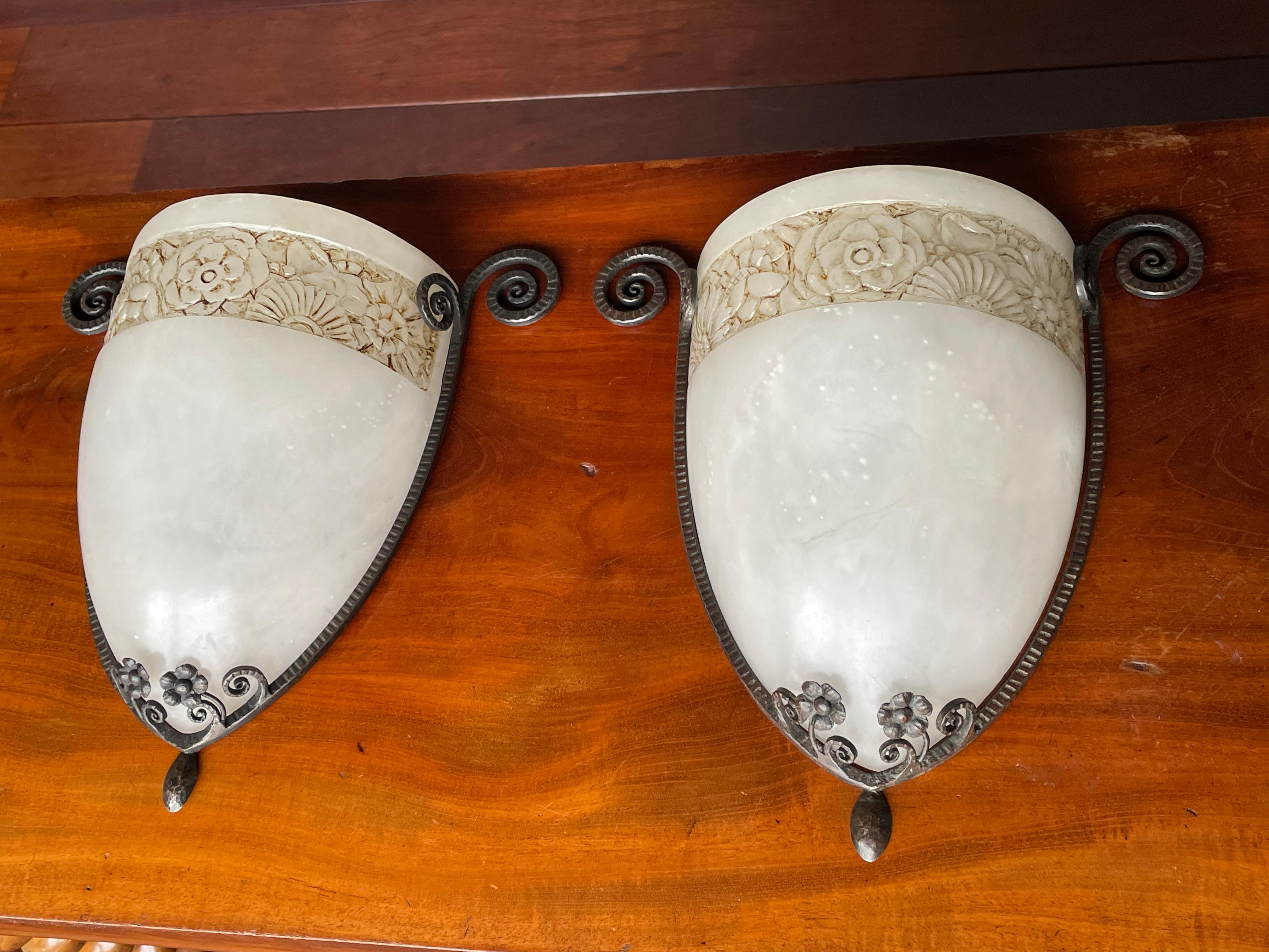 Rare Pair of Elegant Art Deco Wall Sconces Hand Forged Wrought Iron & Alabaster For Sale 4