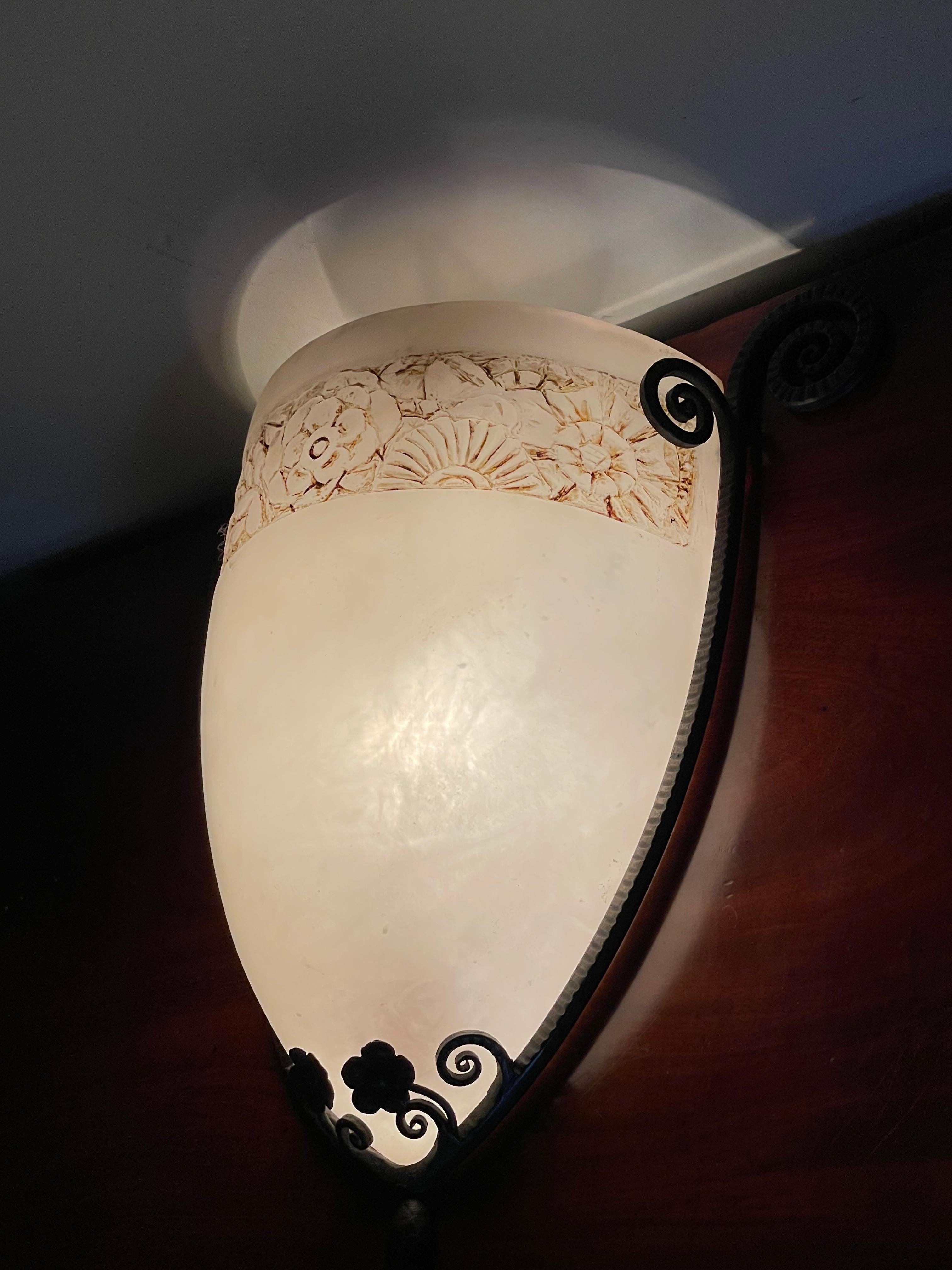 Rare Pair of Elegant Art Deco Wall Sconces Hand Forged Wrought Iron & Alabaster 11