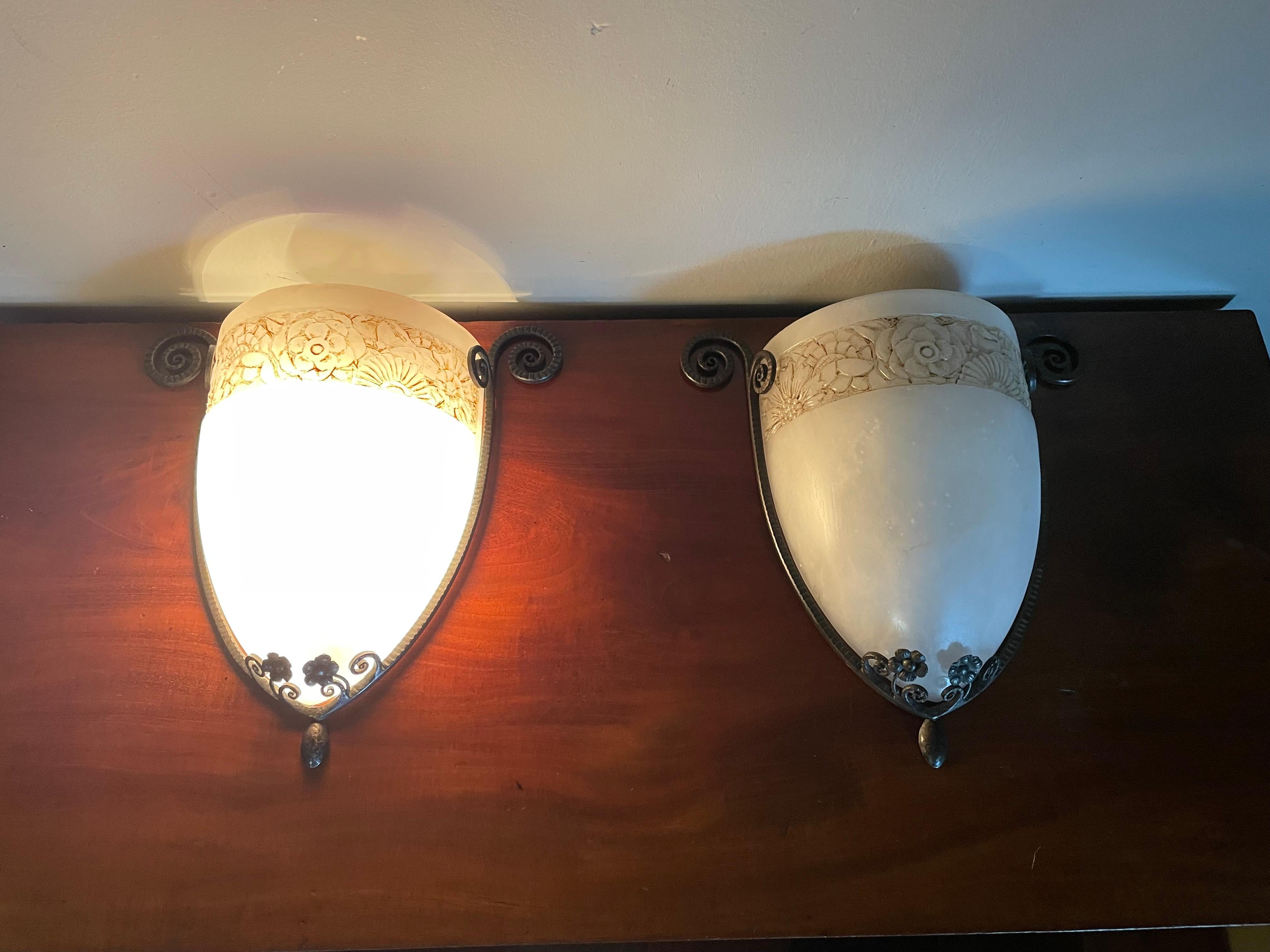 European Rare Pair of Elegant Art Deco Wall Sconces Hand Forged Wrought Iron & Alabaster For Sale