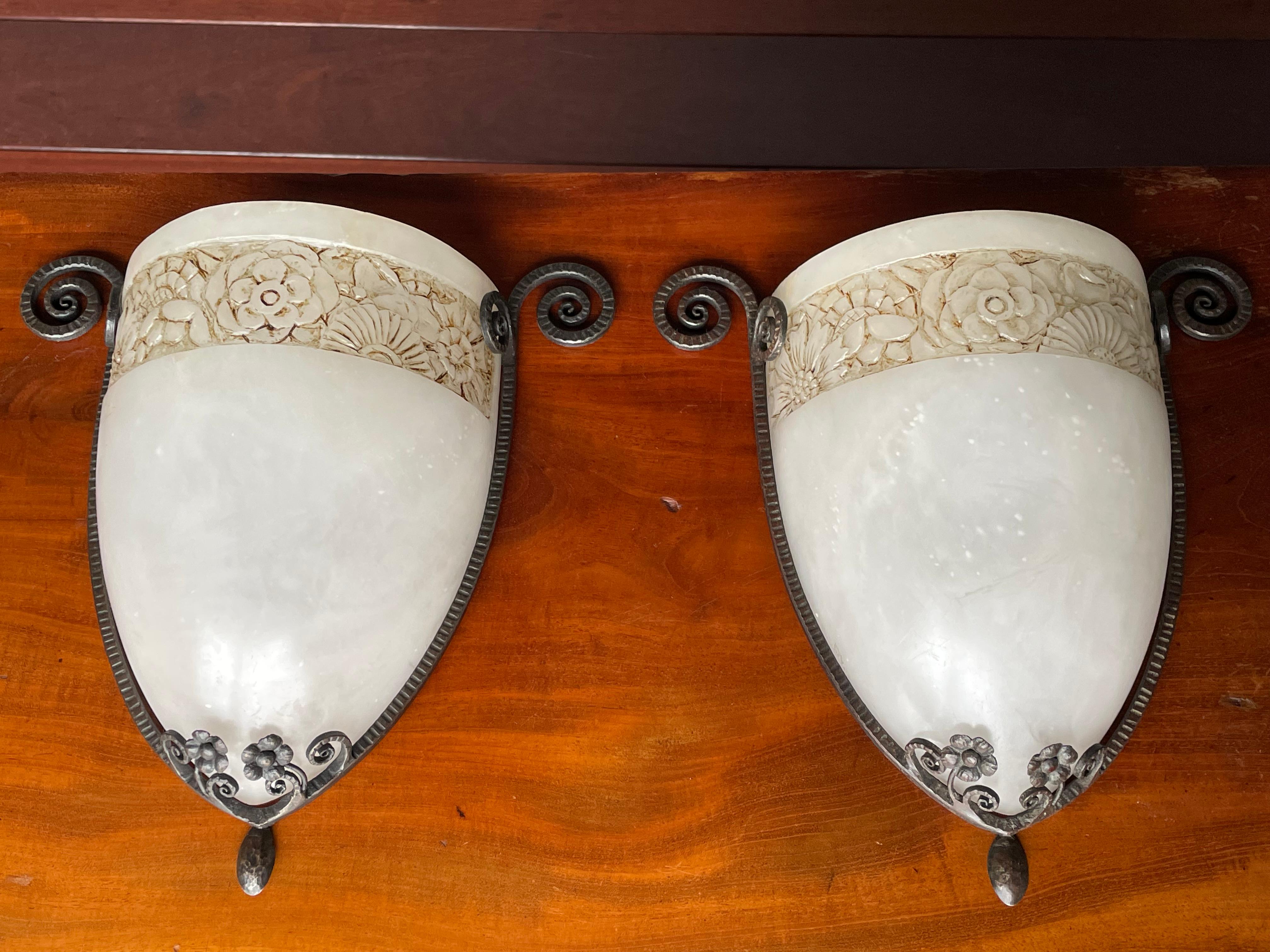 Polished Rare Pair of Elegant Art Deco Wall Sconces Hand Forged Wrought Iron & Alabaster For Sale