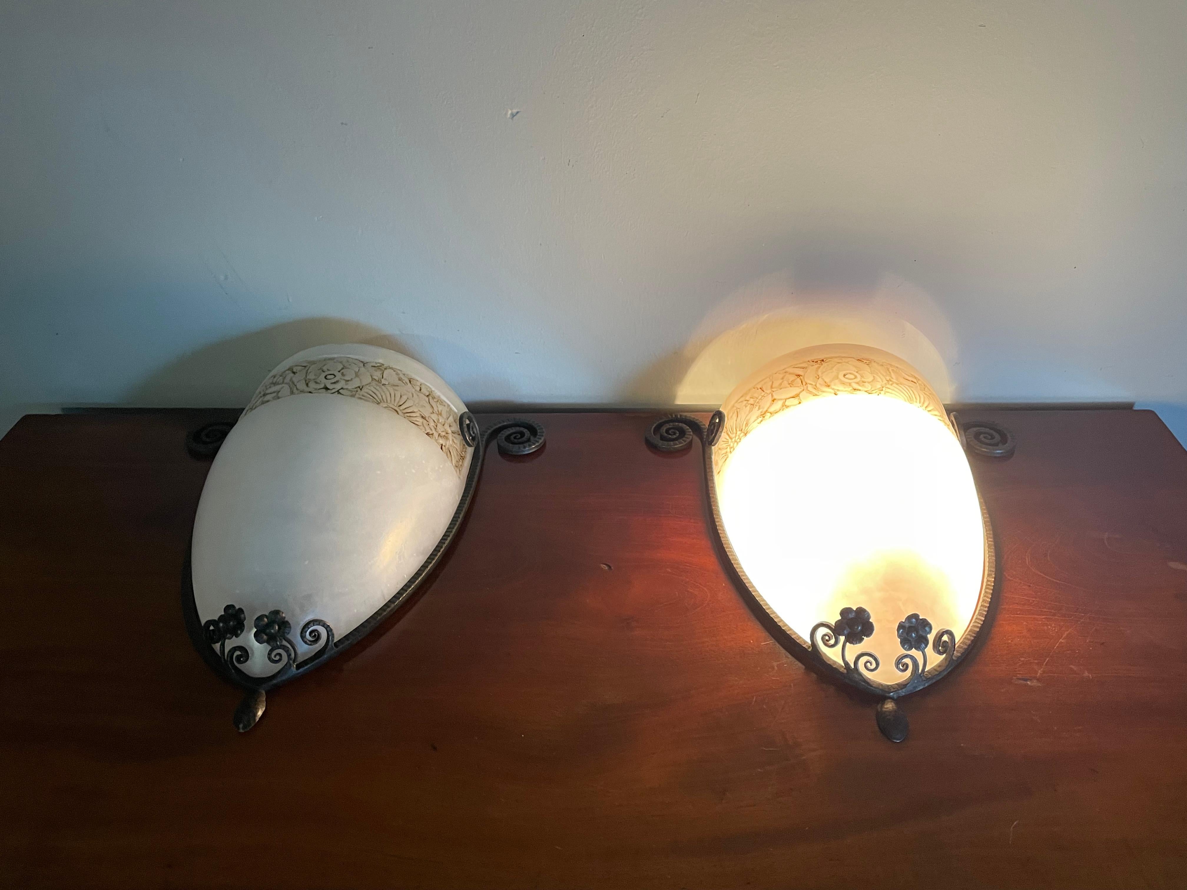 Rare Pair of Elegant Art Deco Wall Sconces Hand Forged Wrought Iron & Alabaster In Good Condition For Sale In Lisse, NL