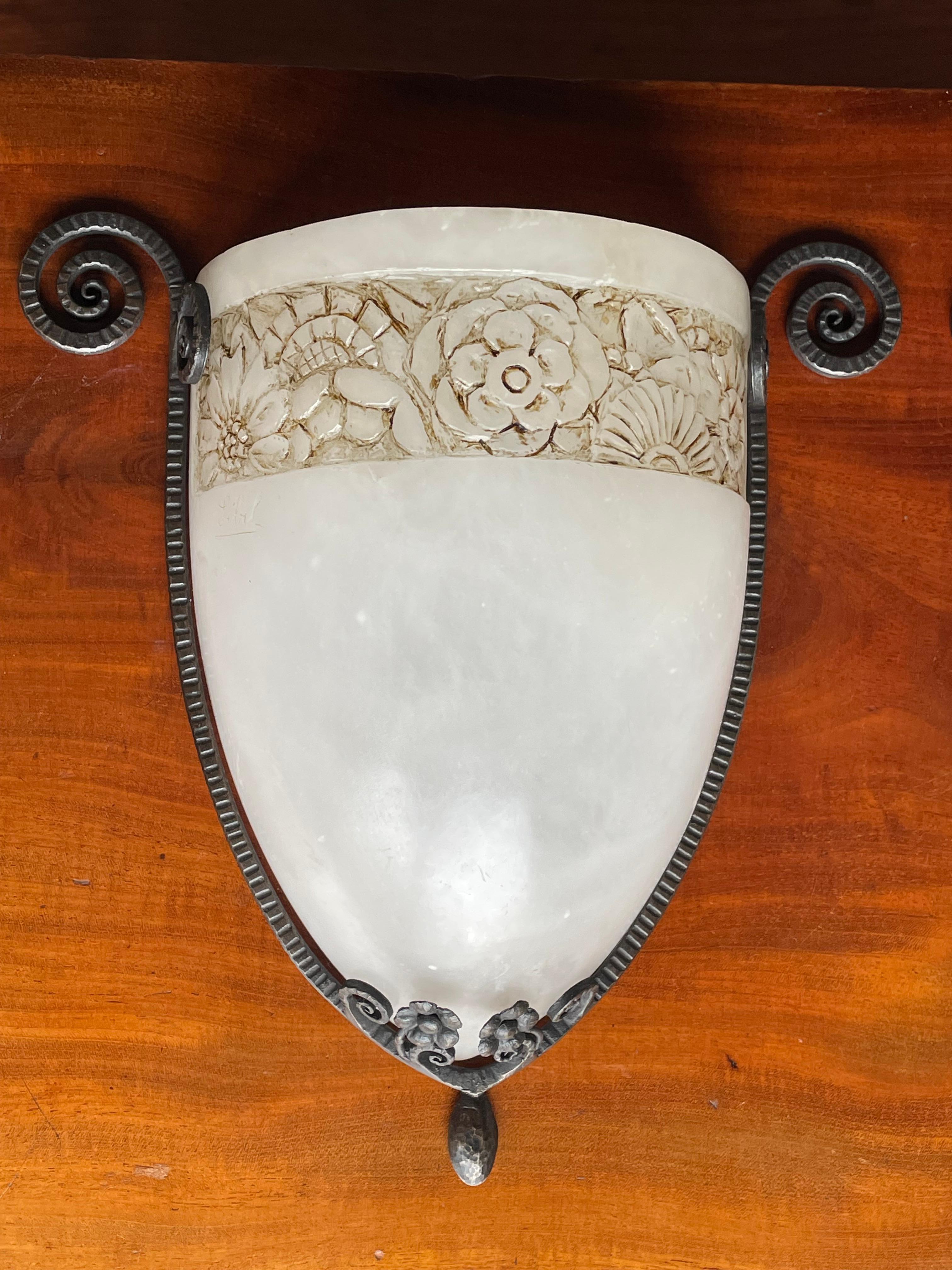 20th Century Rare Pair of Elegant Art Deco Wall Sconces Hand Forged Wrought Iron & Alabaster For Sale