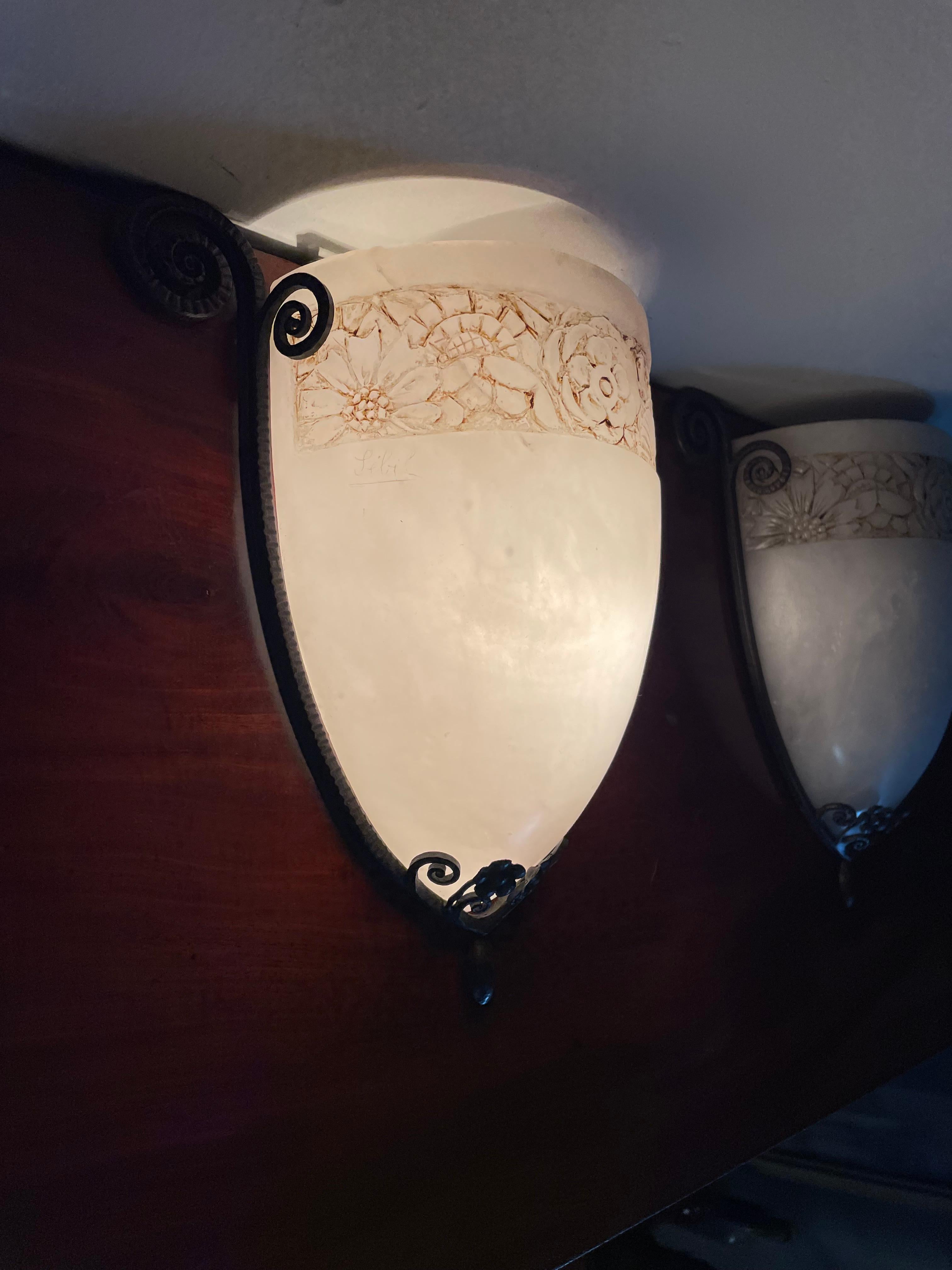 Rare Pair of Elegant Art Deco Wall Sconces Hand Forged Wrought Iron & Alabaster For Sale 1