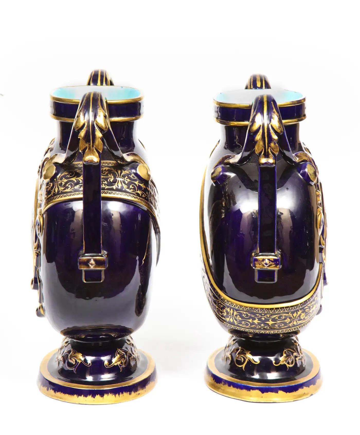 Rare Pair of Emile Galle Cobalt Blue Porcelain and Limoges Enamel Portrait Vases For Sale 4