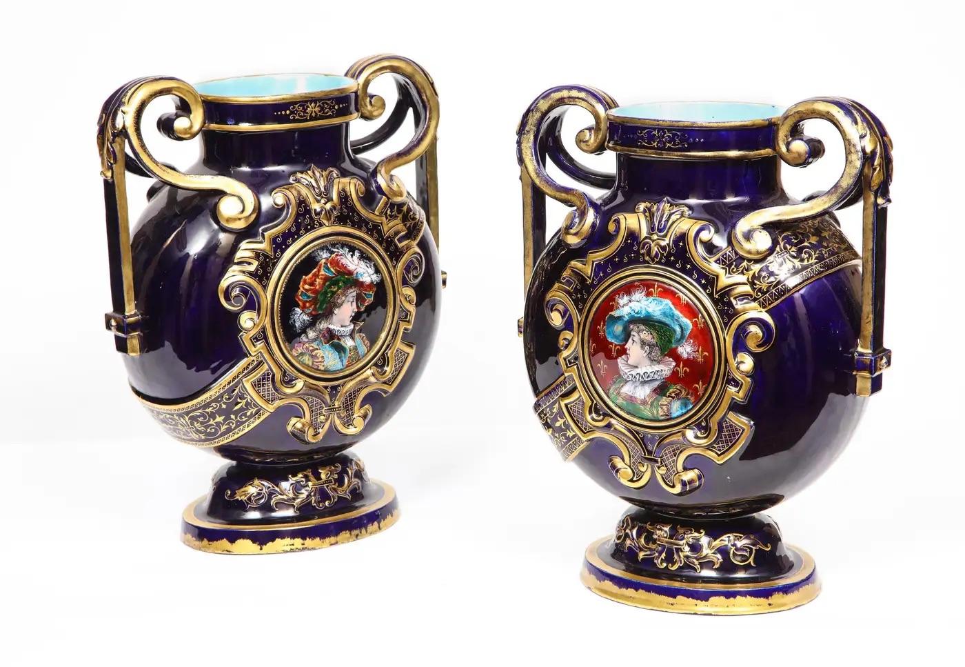 Rare Pair of Emile Galle Cobalt Blue Porcelain and Limoges Enamel Portrait Vases For Sale 7