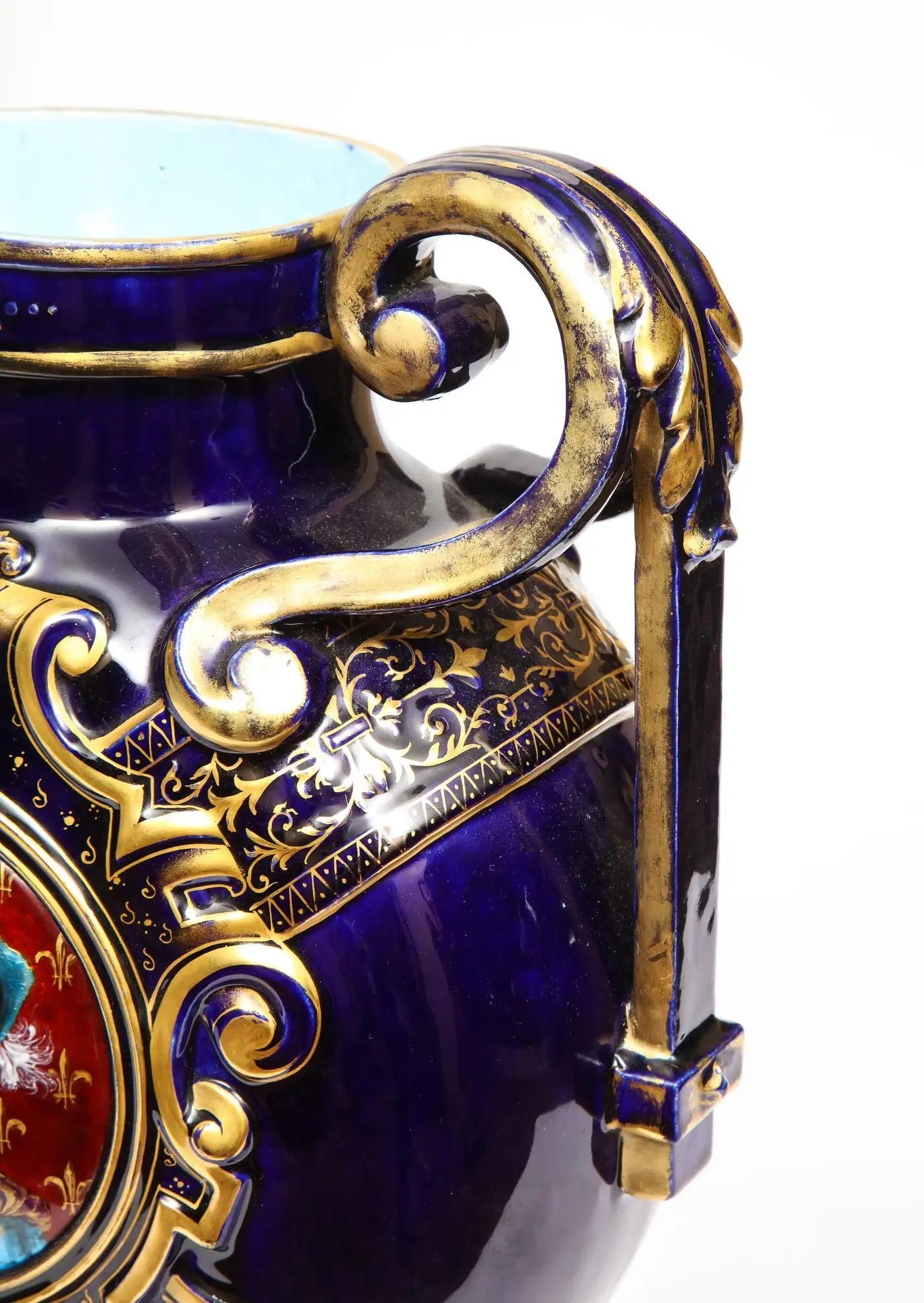 Rare Pair of Emile Galle Cobalt Blue Porcelain and Limoges Enamel Portrait Vases For Sale 8