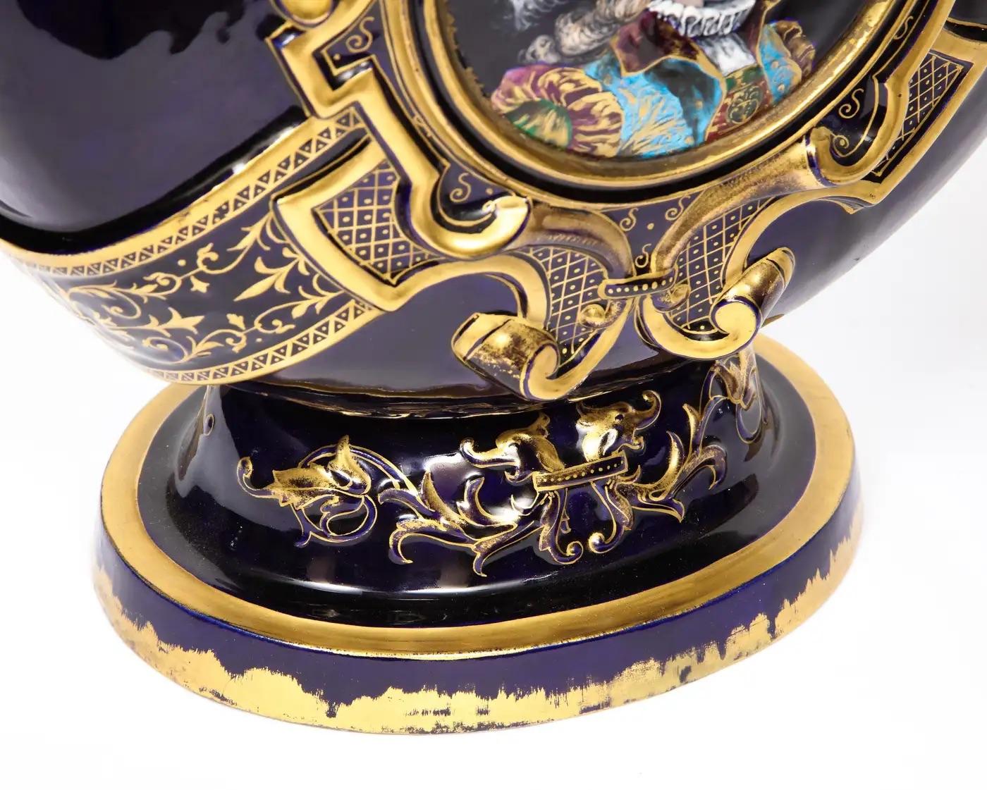 Rare Pair of Emile Galle Cobalt Blue Porcelain and Limoges Enamel Portrait Vases For Sale 9