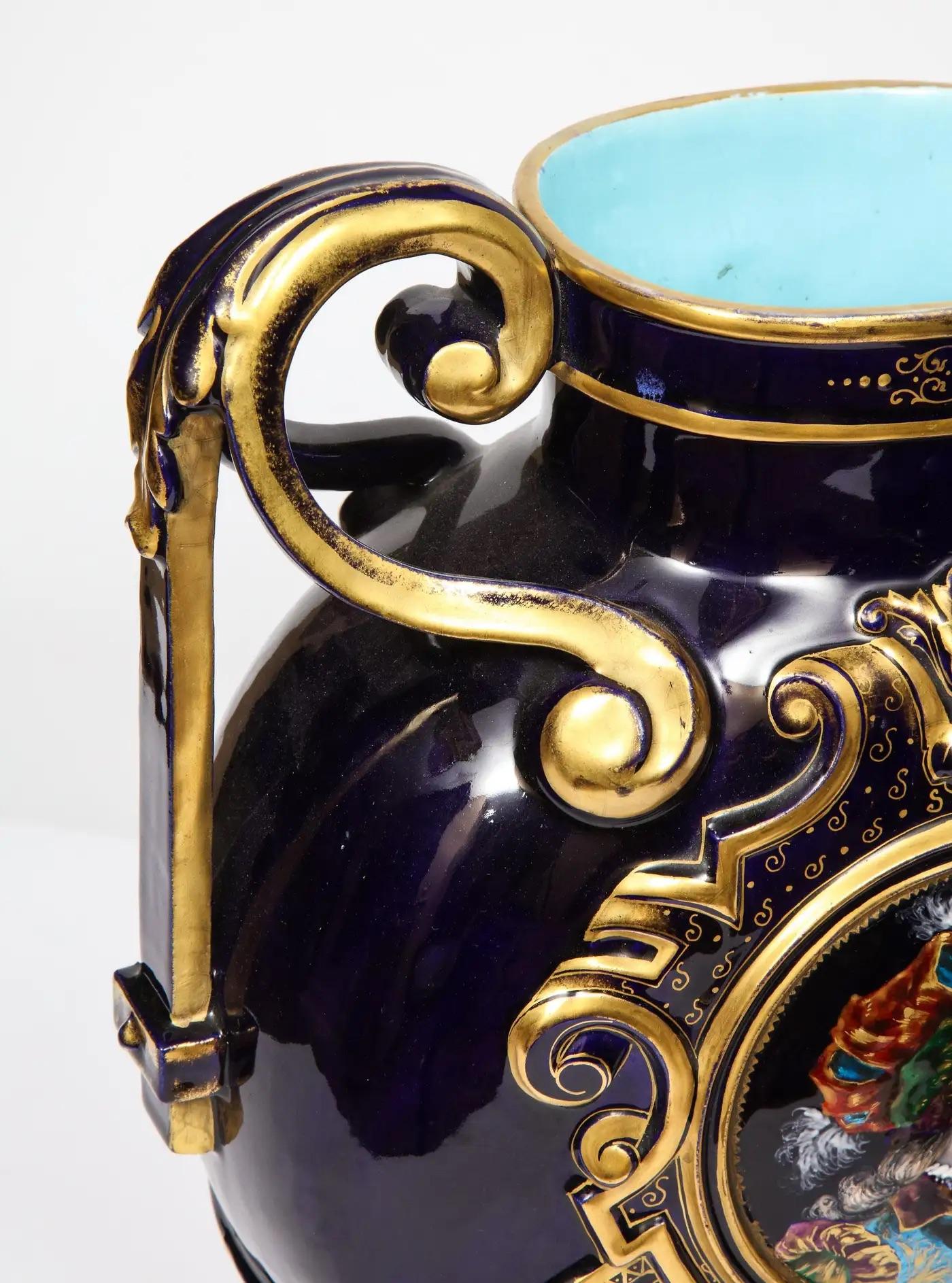 Rare Pair of Emile Galle Cobalt Blue Porcelain and Limoges Enamel Portrait Vases For Sale 10