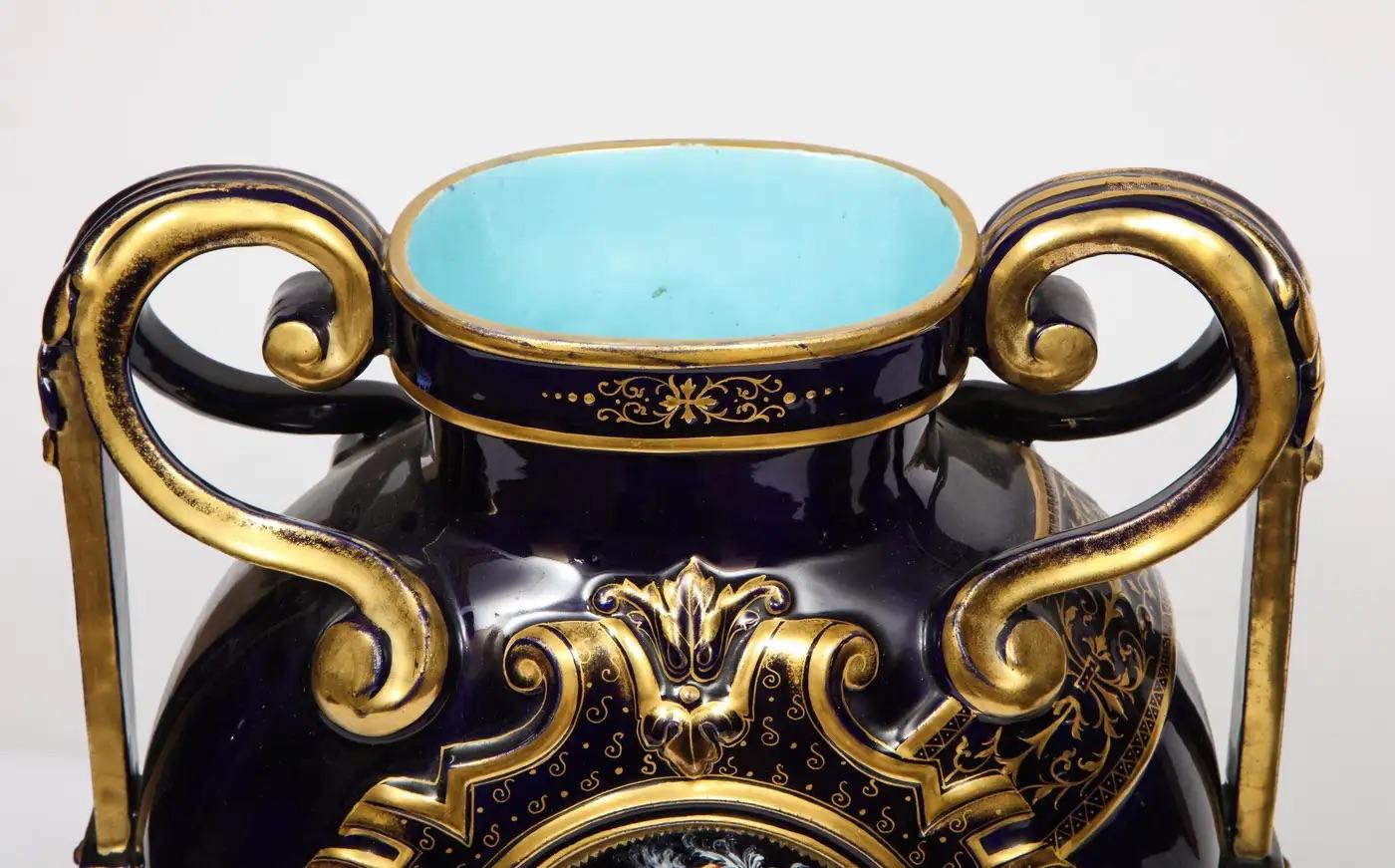 Rare Pair of Emile Galle Cobalt Blue Porcelain and Limoges Enamel Portrait Vases For Sale 11