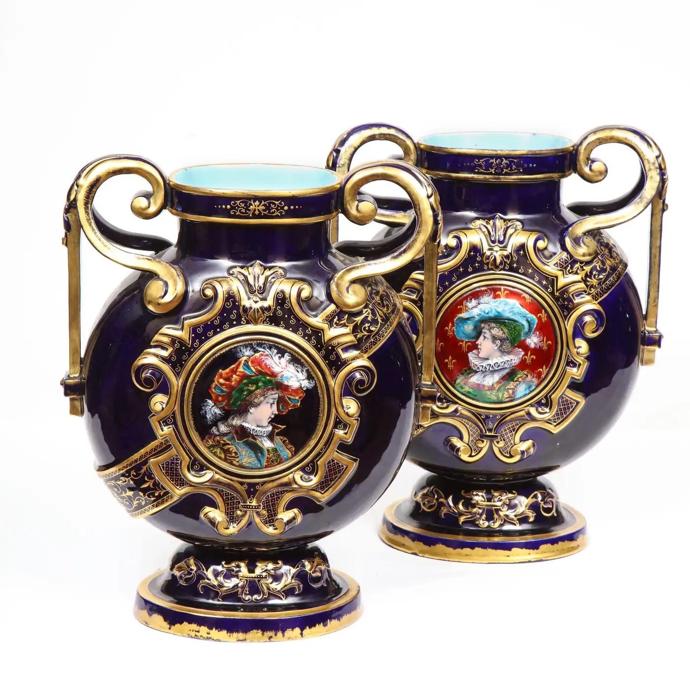 Belle Époque Rare Pair of Emile Galle Cobalt Blue Porcelain and Limoges Enamel Portrait Vases For Sale