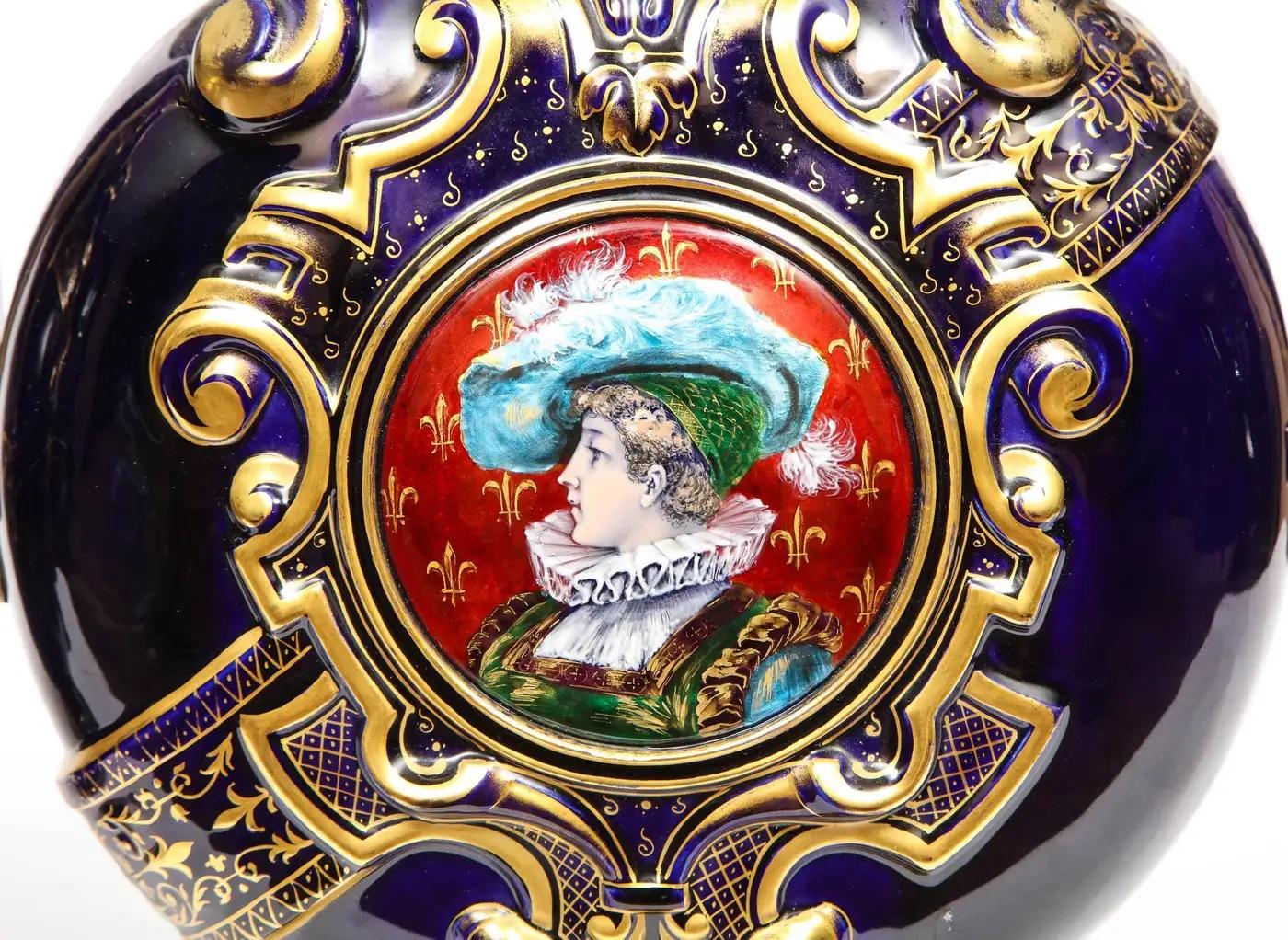 French Rare Pair of Emile Galle Cobalt Blue Porcelain and Limoges Enamel Portrait Vases For Sale