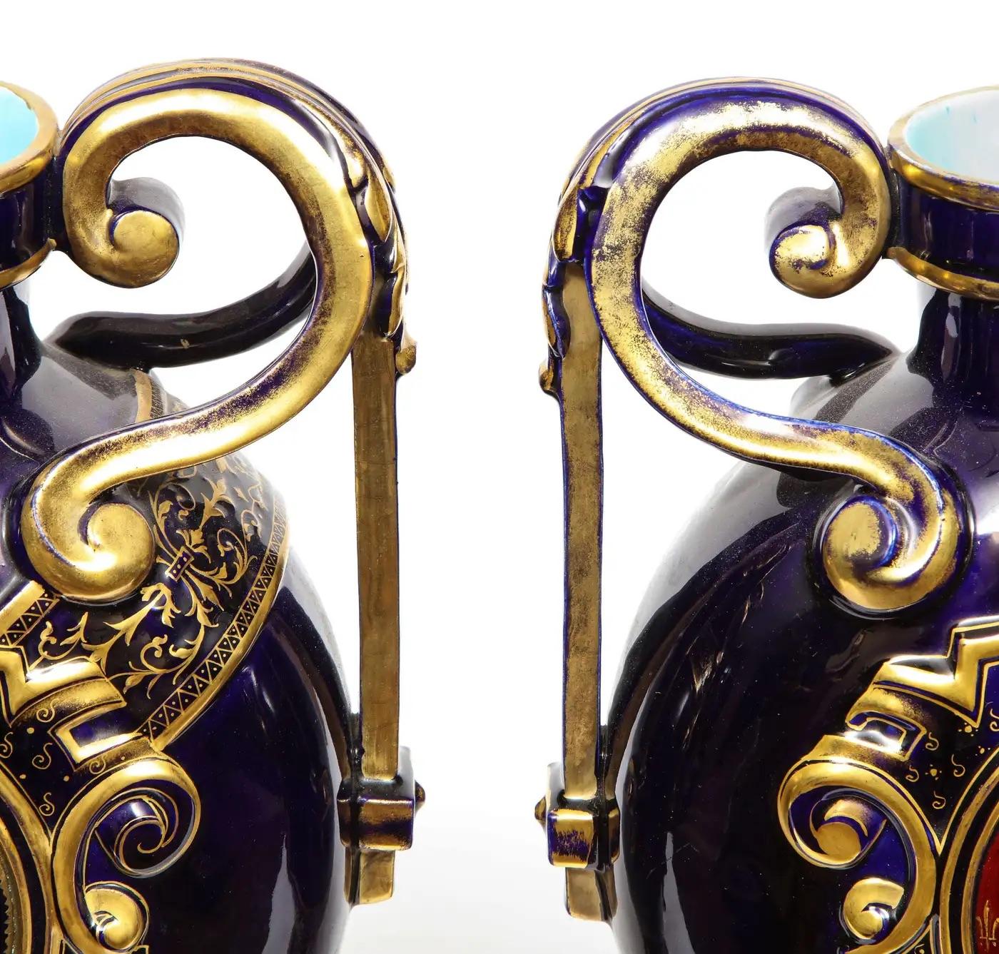 19th Century Rare Pair of Emile Galle Cobalt Blue Porcelain and Limoges Enamel Portrait Vases For Sale