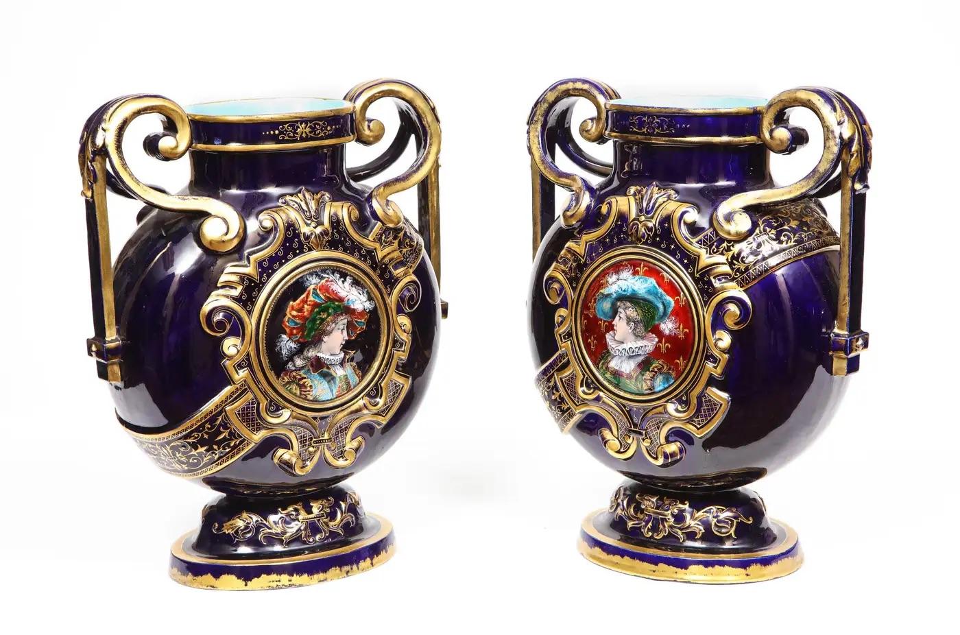 Rare Pair of Emile Galle Cobalt Blue Porcelain and Limoges Enamel Portrait Vases For Sale 1