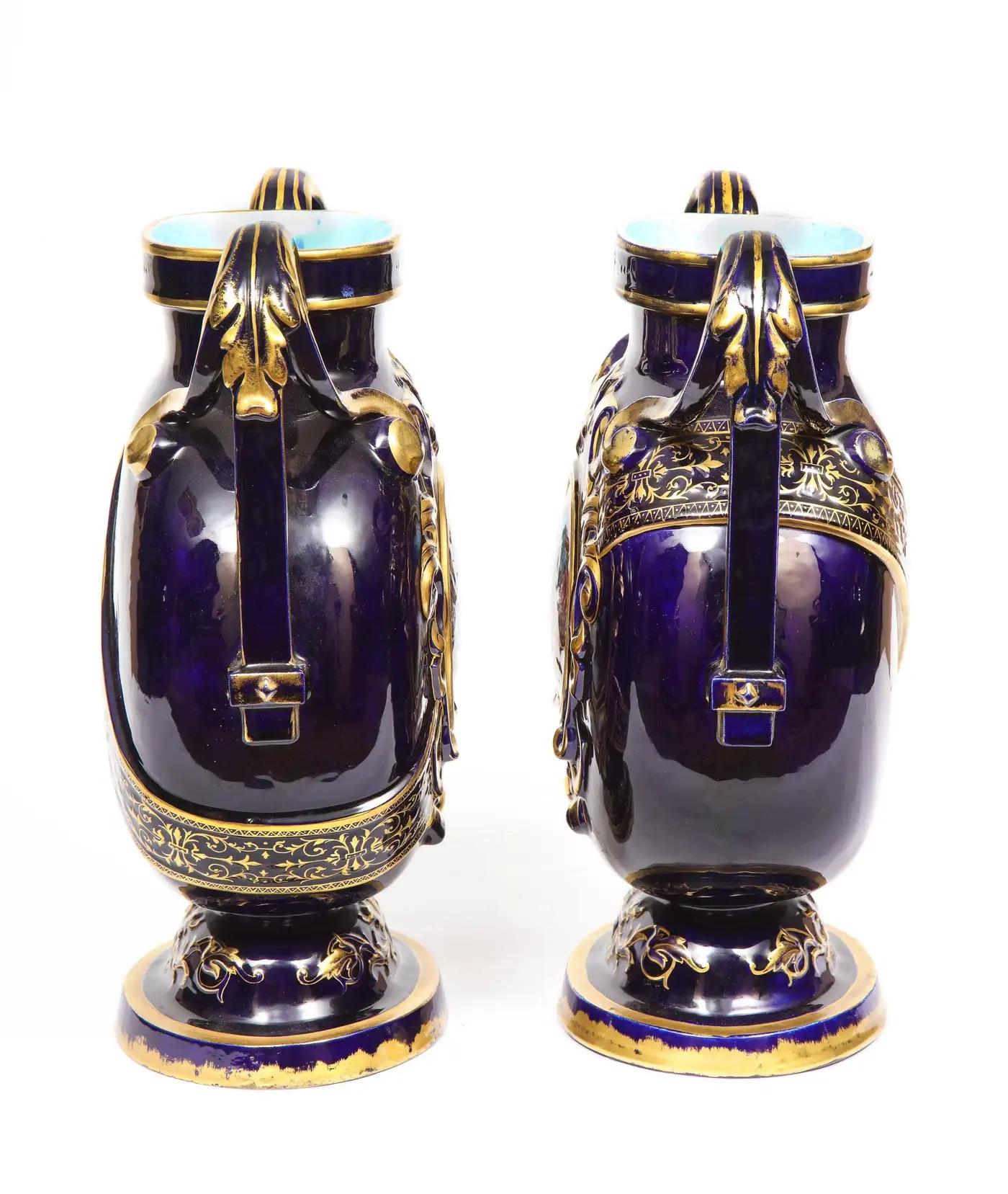 Rare Pair of Emile Galle Cobalt Blue Porcelain and Limoges Enamel Portrait Vases For Sale 2