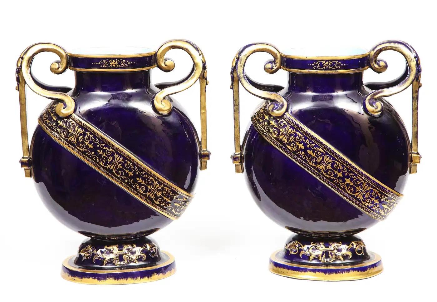 Rare Pair of Emile Galle Cobalt Blue Porcelain and Limoges Enamel Portrait Vases For Sale 3