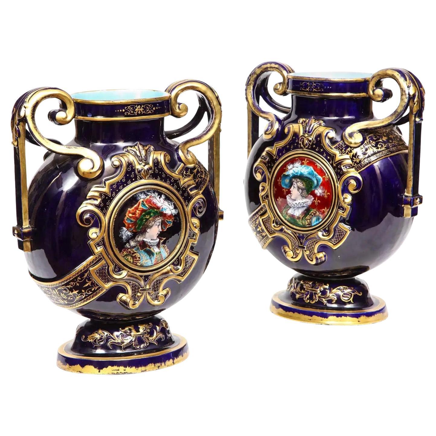 Rare Pair of Emile Galle Cobalt Blue Porcelain and Limoges Enamel Portrait Vases For Sale