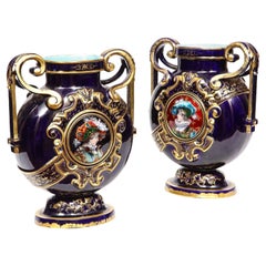 Rare Pair of Emile Galle Cobalt Blue Porcelain and Limoges Enamel Portrait Vases
