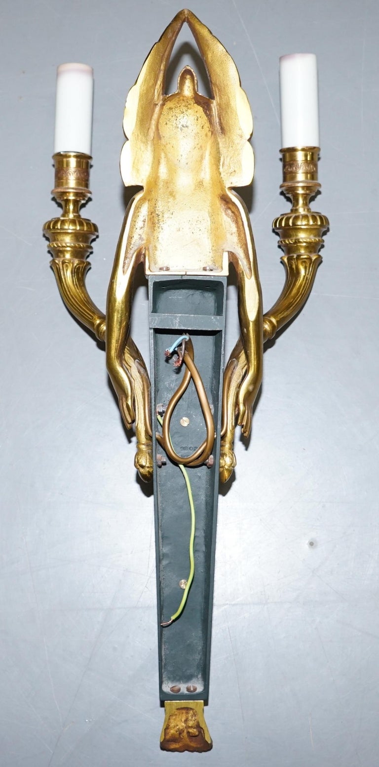 Rare Pair of Empire Style Figural Two Branch Wall Appliques Sconces Gilt Bronze For Sale 5