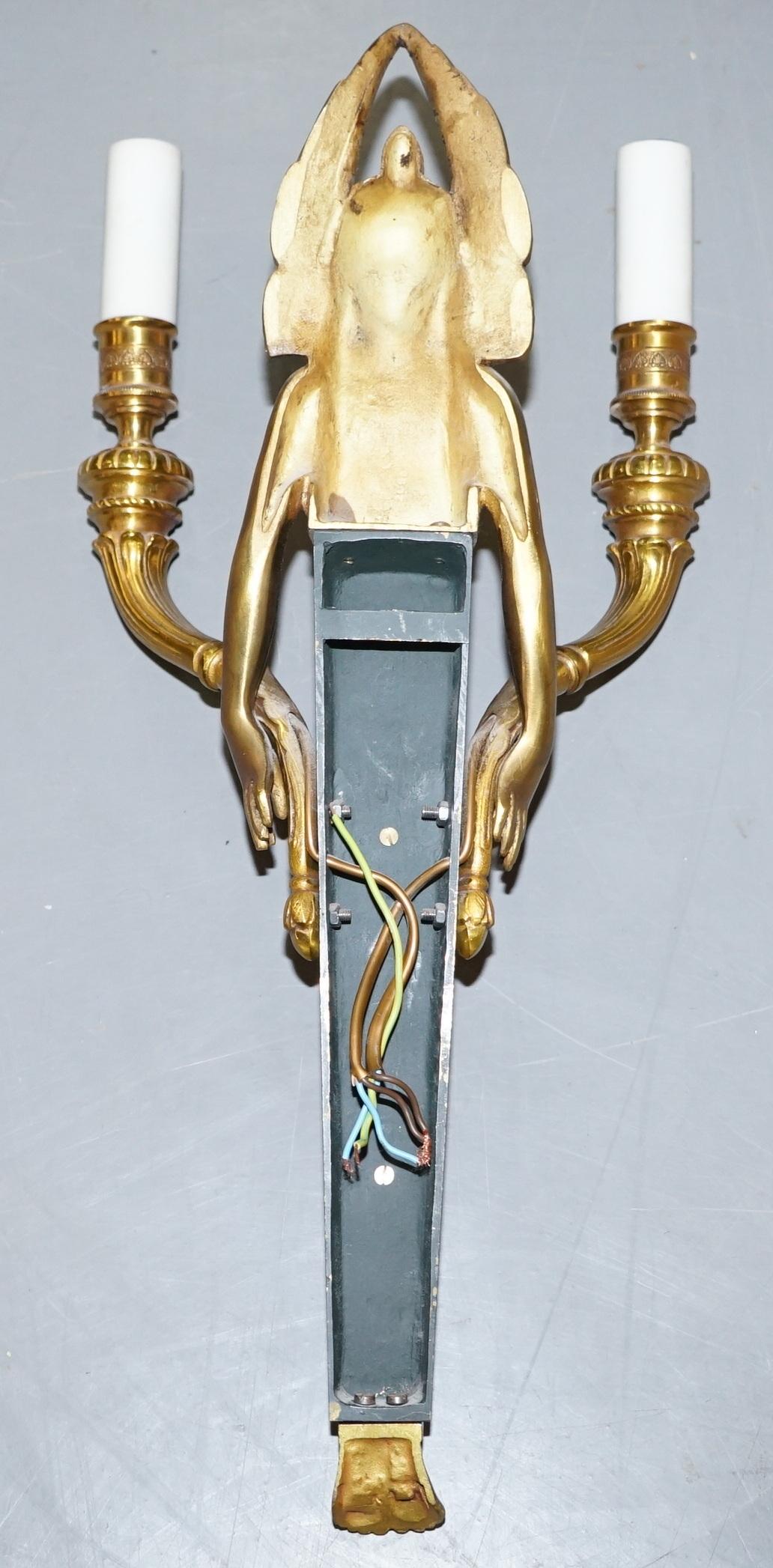 Rare Pair of Empire Style Figural Two Branch Wall Appliques Sconces Gilt Bronze 14